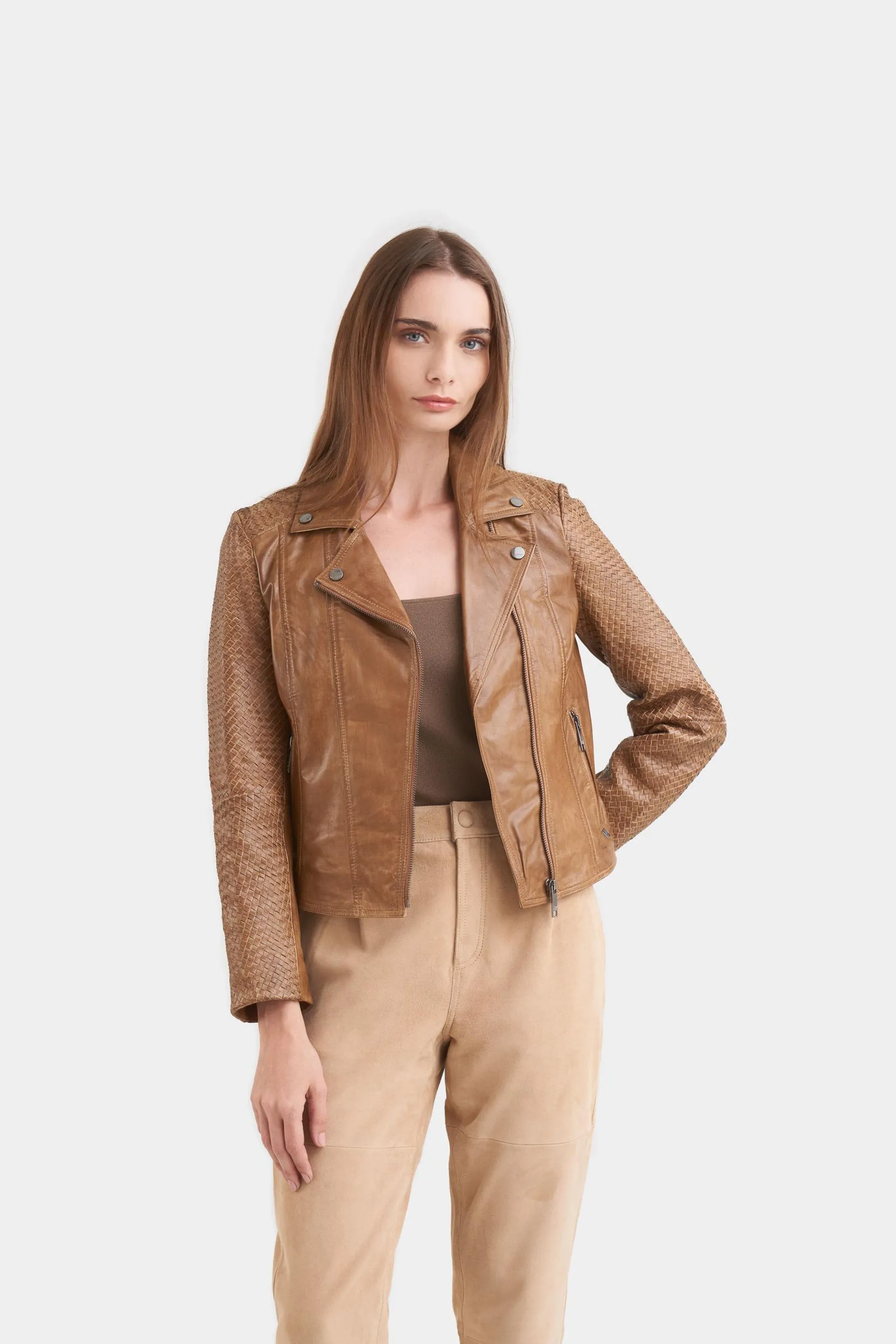 Chaqueta biker seta de cuero para mujer tejido en mangas