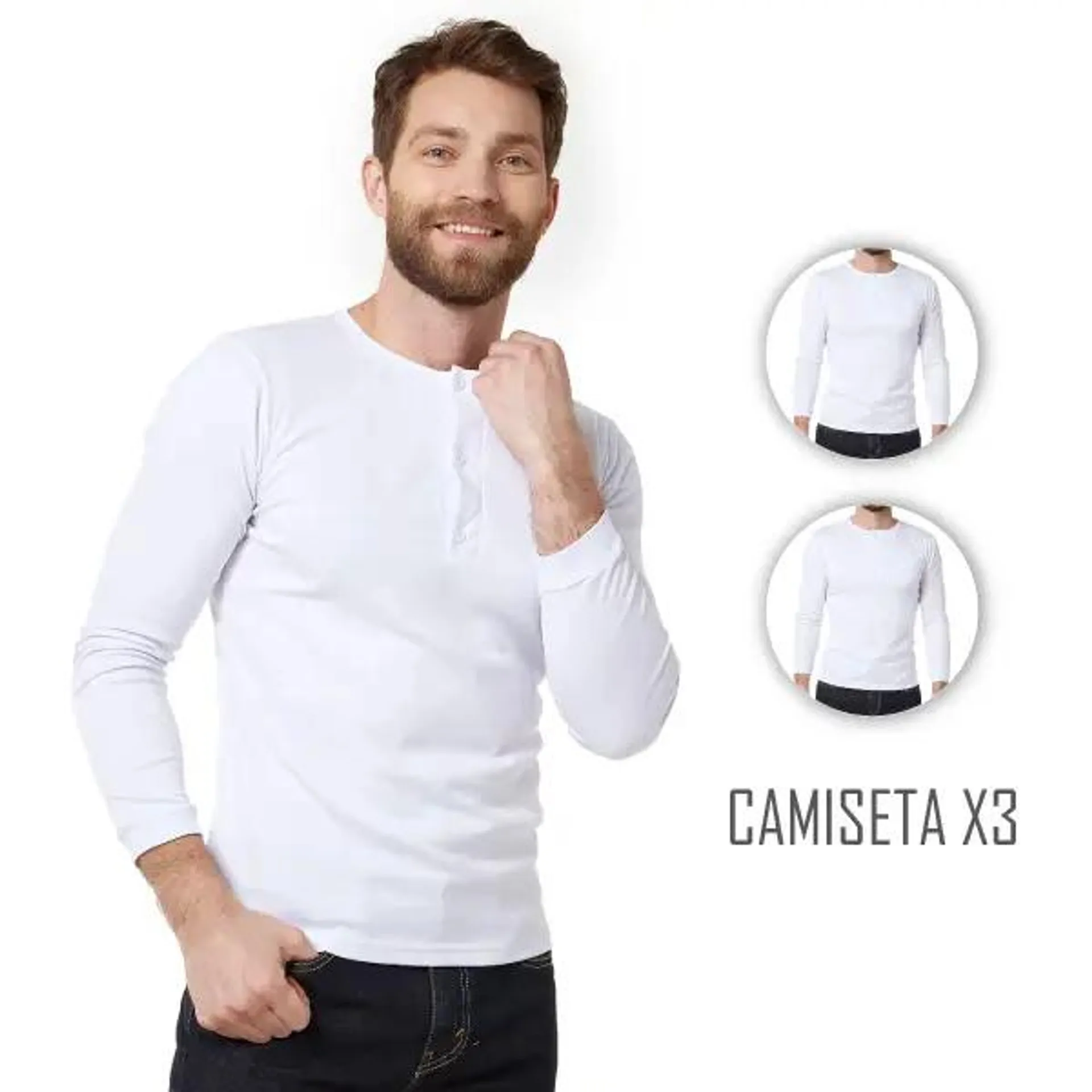 Combo X3 Camiseta Hombre Cuello 3 Botones Manga Larga