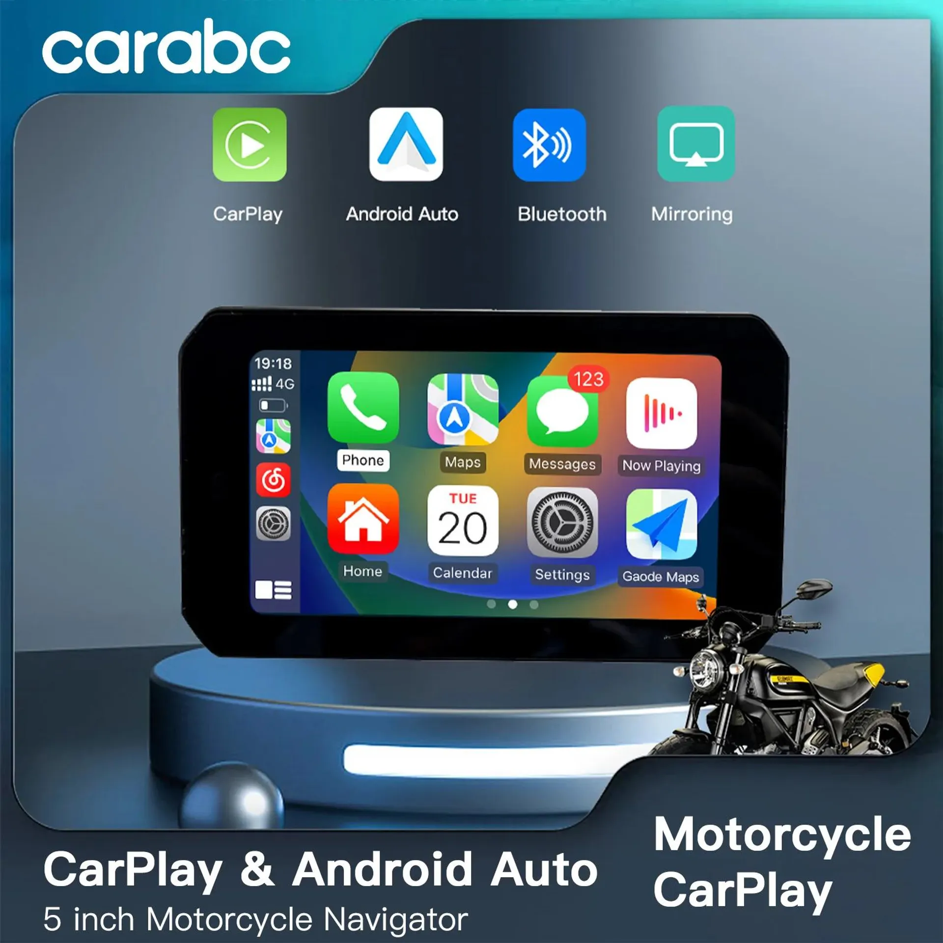 CARABC 5 Inch Motorcycle CarPlay Portable Navigation GPS Waterproof Display Wireless CarPlay Android Auto IPX7 Driving reco