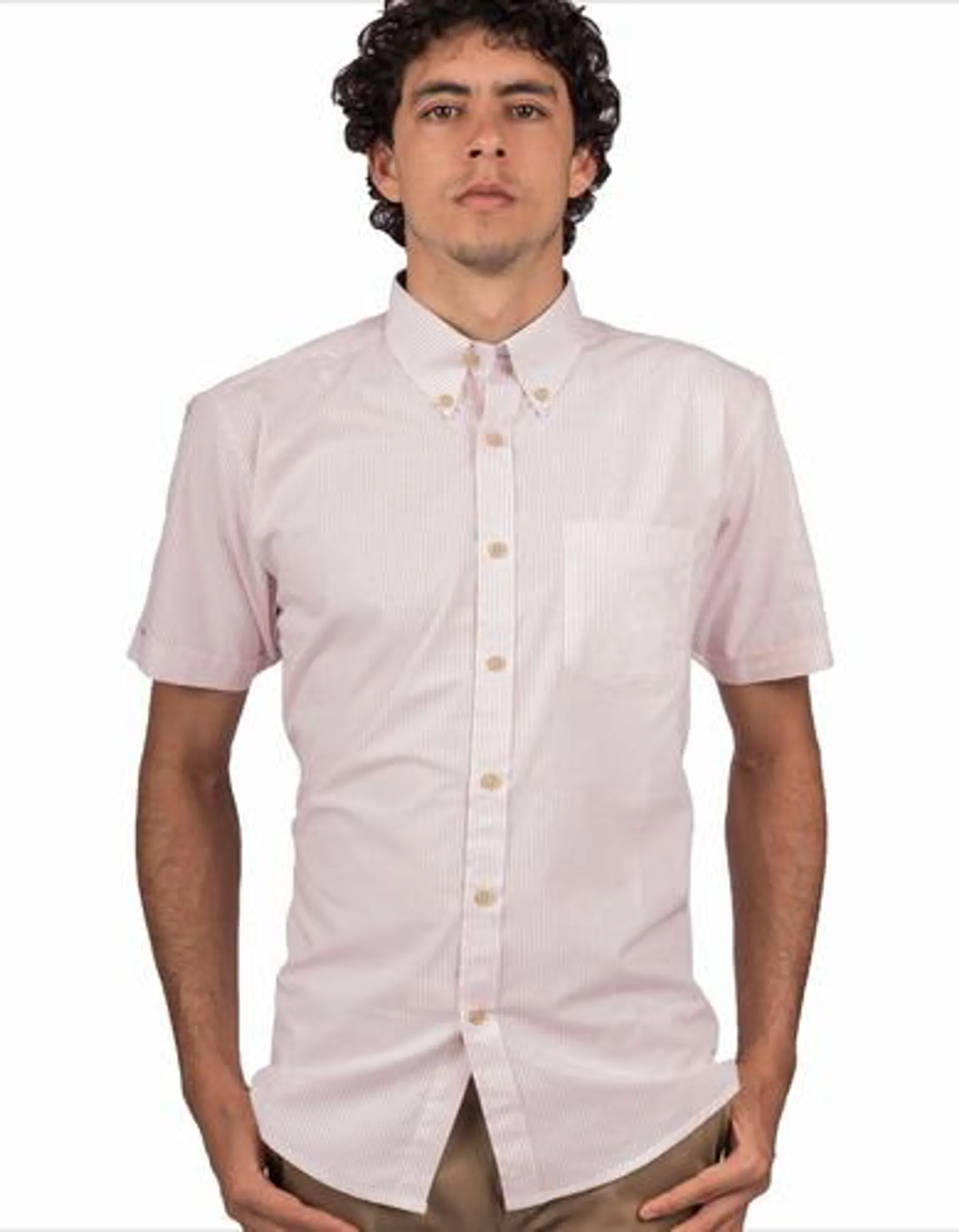 Camisa Manga Corta Blanca Con Rayas Rosadas – Moldería informal