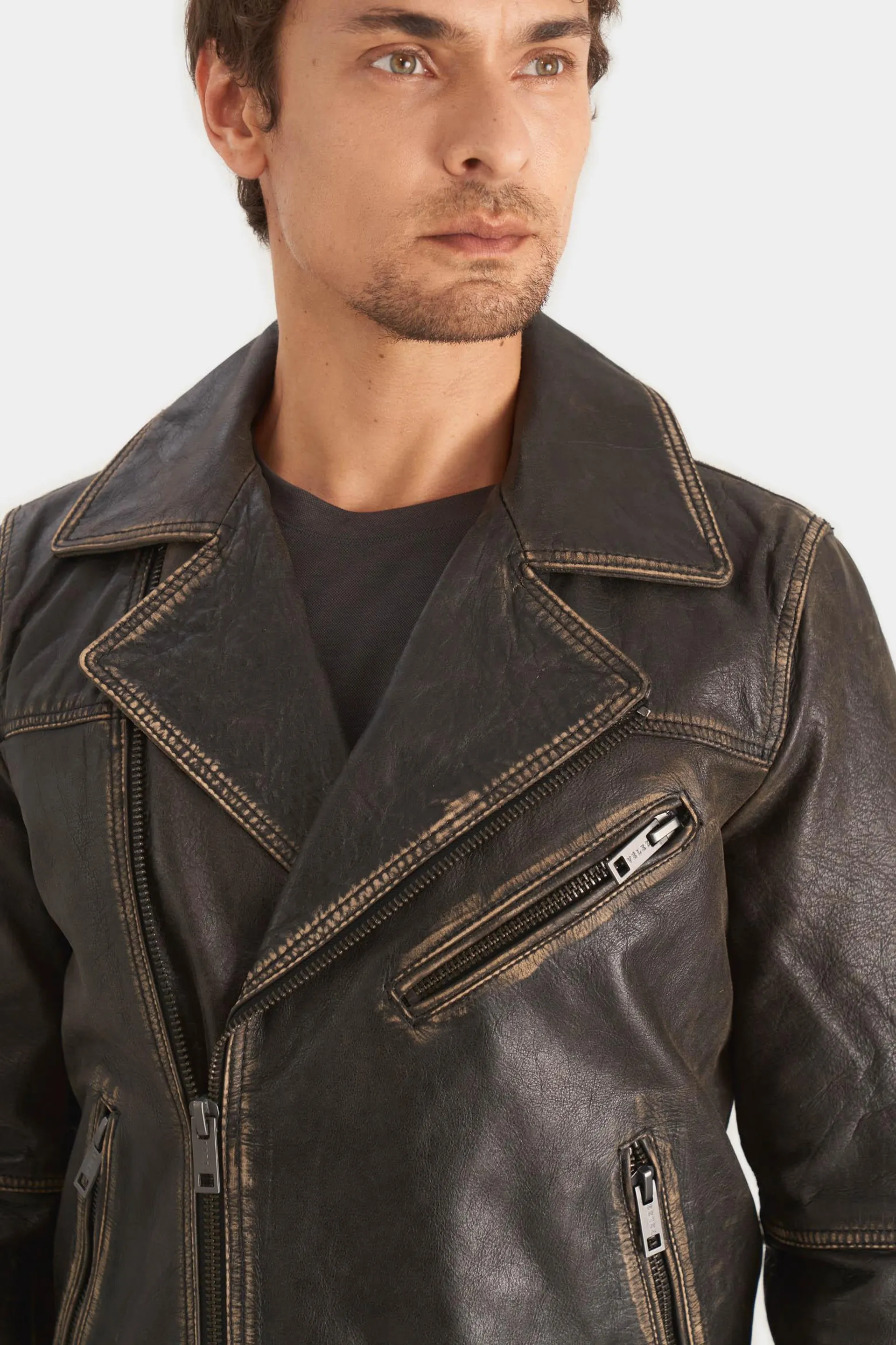 Chaqueta biker draco de cuero para hombre efecto vintage