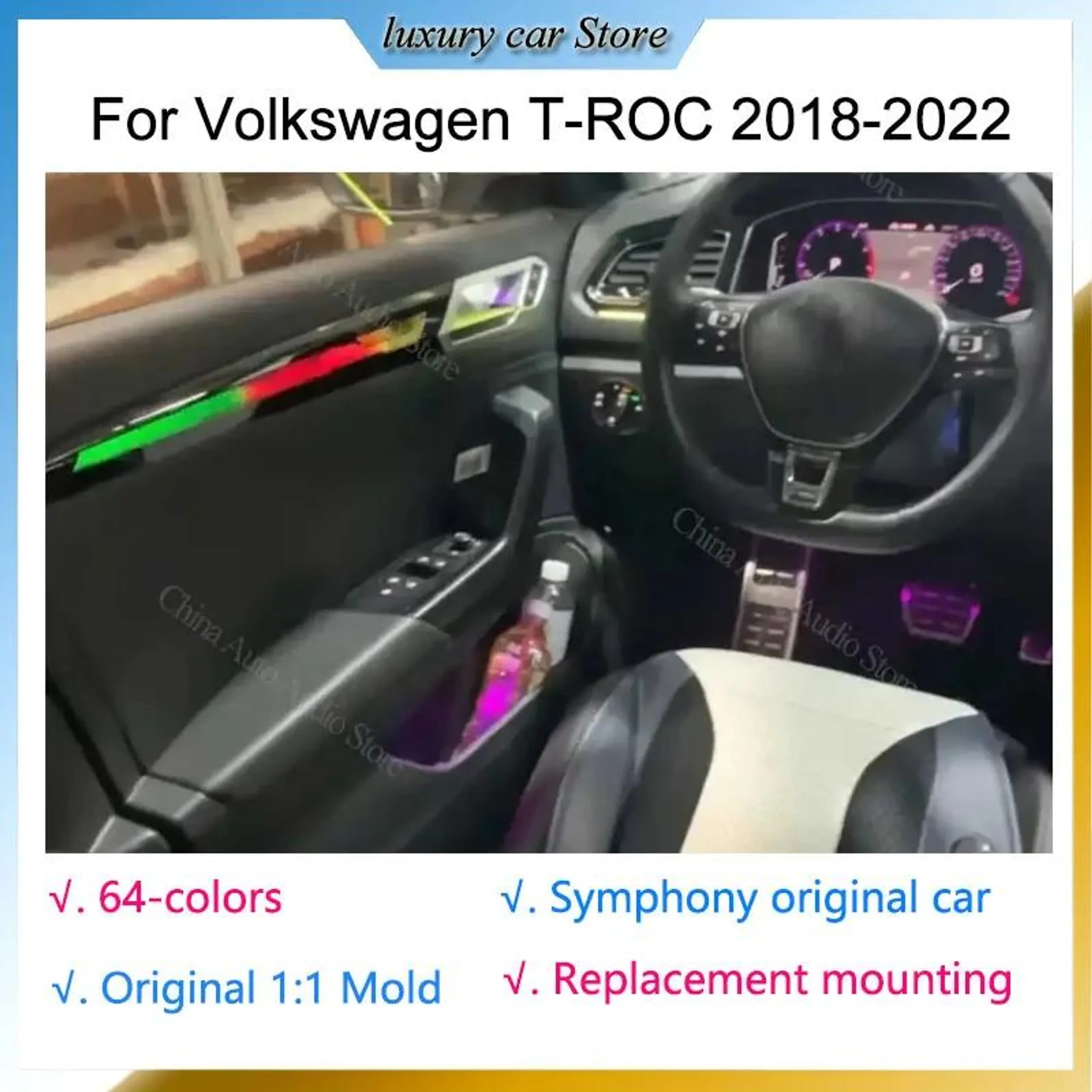 64 Colors Symphony Ambient light for Volkswagen T-ROC 2018-2022 car Interior LED Atmosphere Light Screen APP control