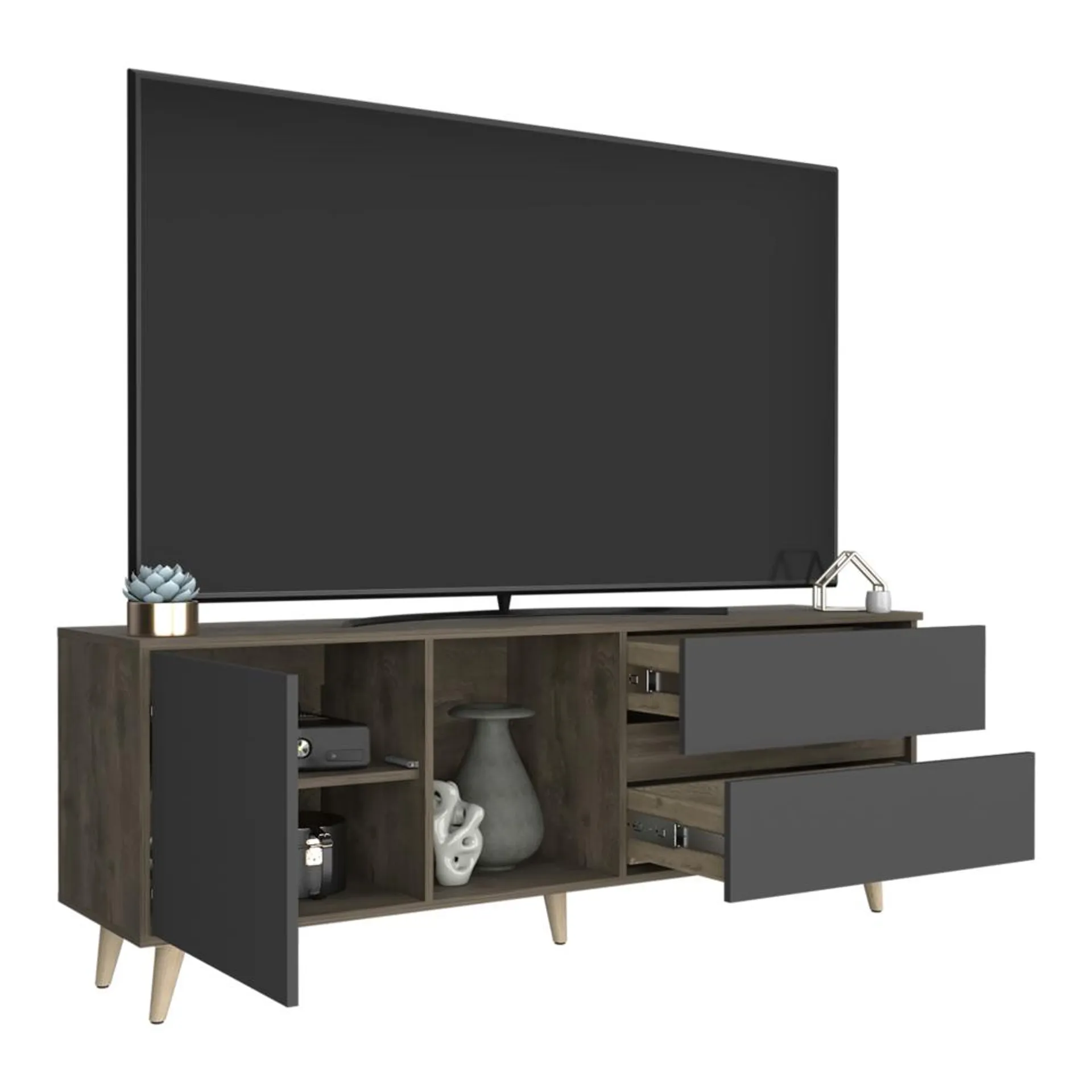 Mesa Para Tv Nashira, Nogal y Plata Oscuro, con Espacio Para Televisor de Hasta 65 Pulgadas