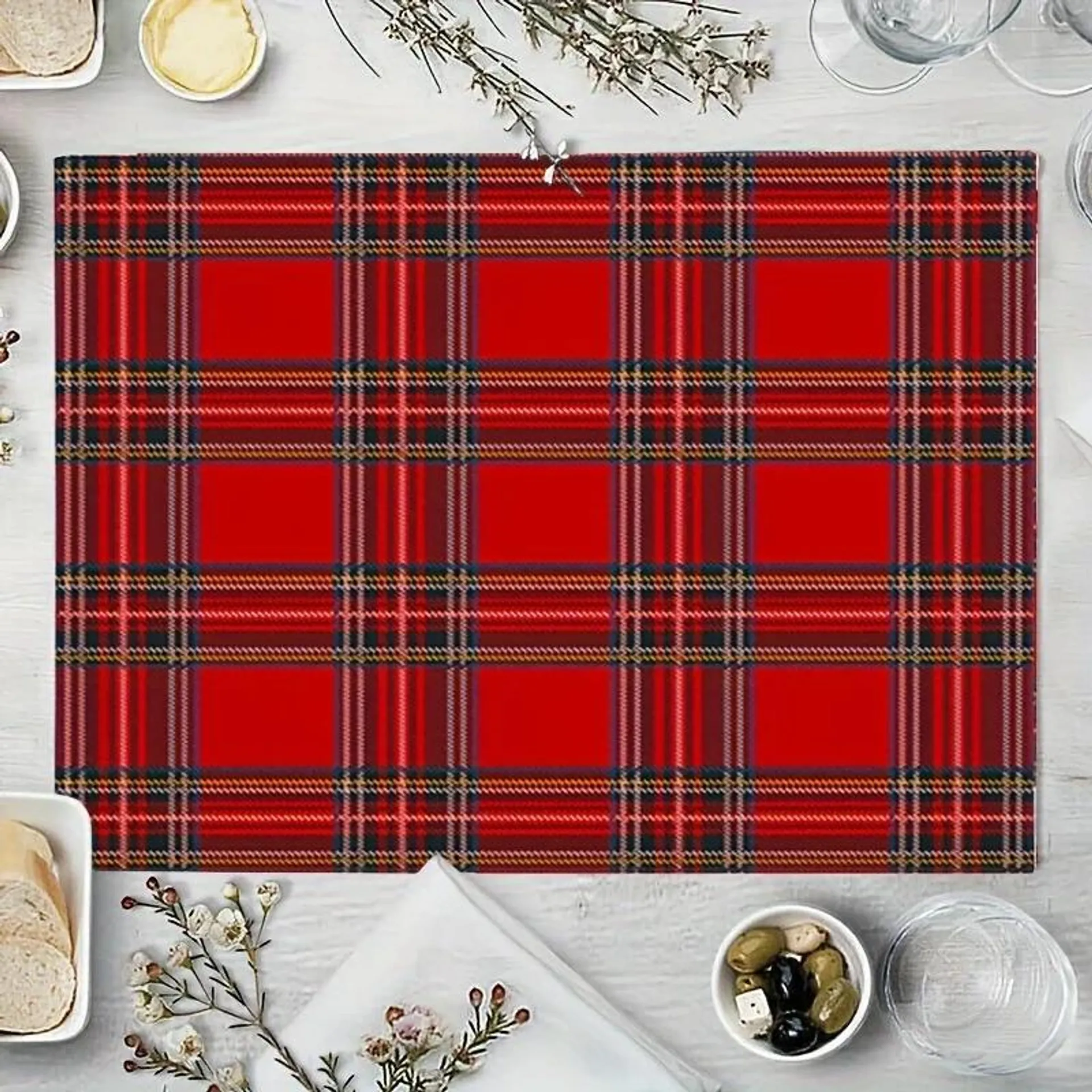 1pc Red Christmas Tartan Placemats Checkered Abstract Black Table Mat Linen Heat Insulation For Dining Table Kitchen Table