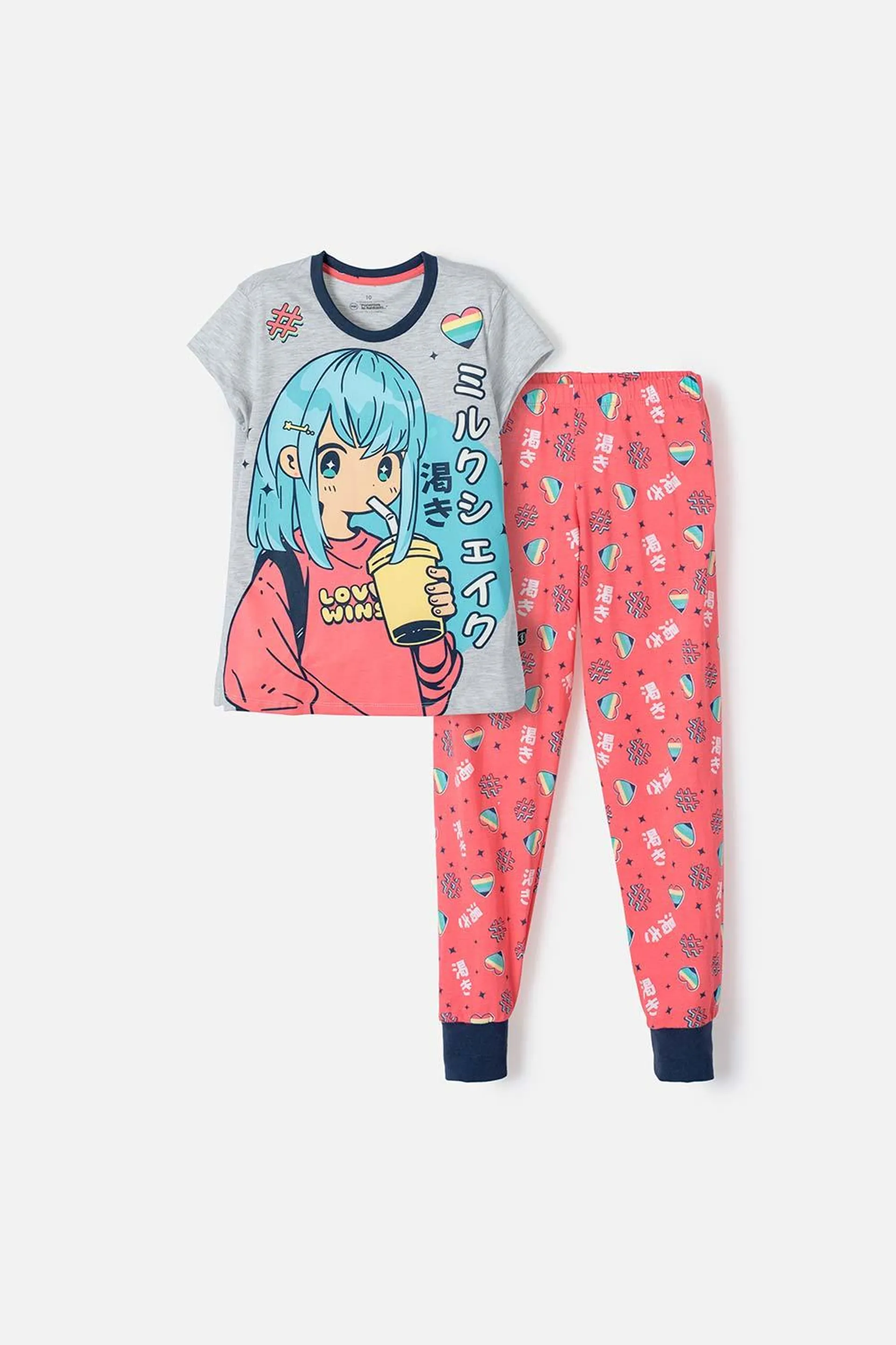 Pijama de Mic manga corta/pantalón largo gris/salmón para niña