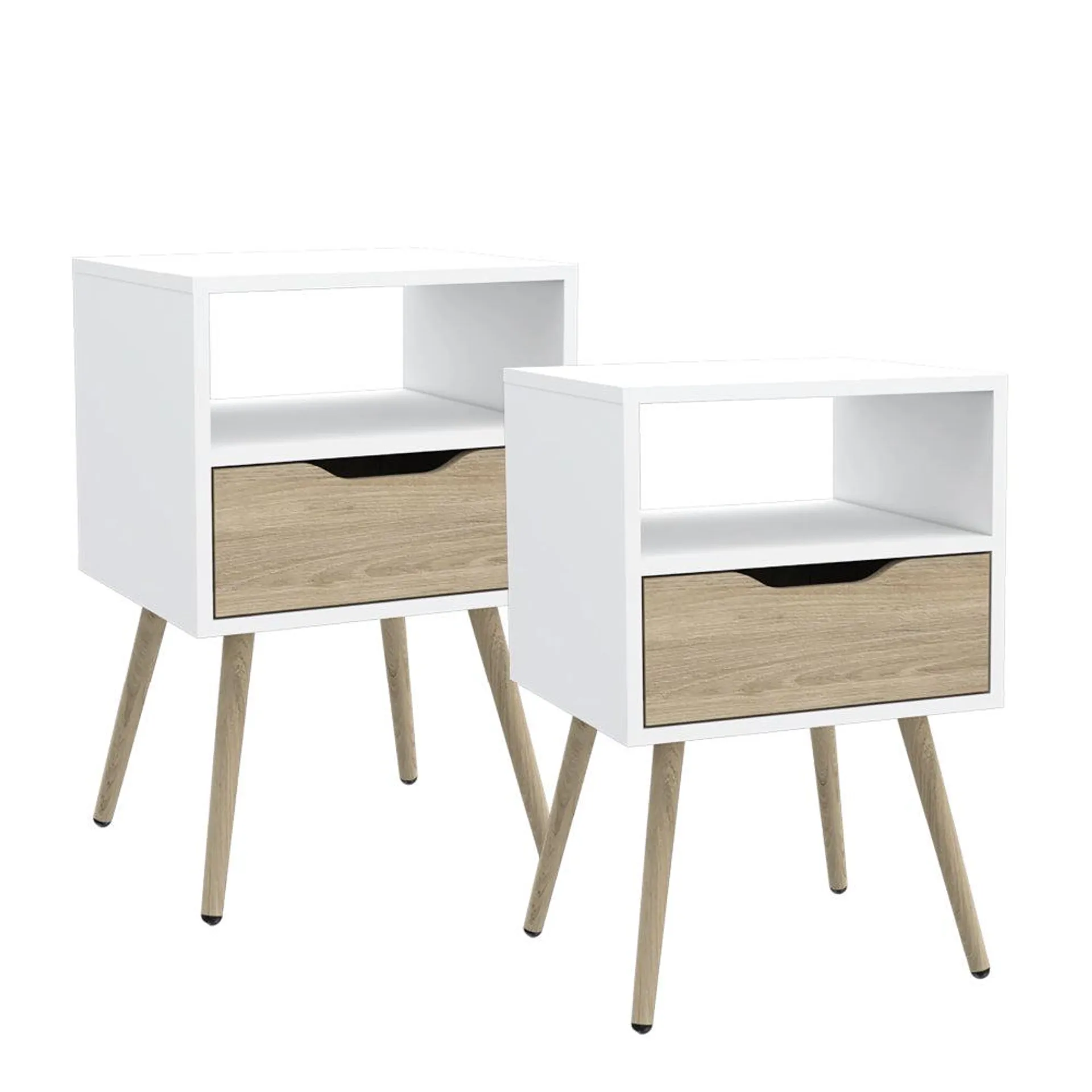 Mesa de noche alesio, blanco y beige, con patas de madera y un cajón x2