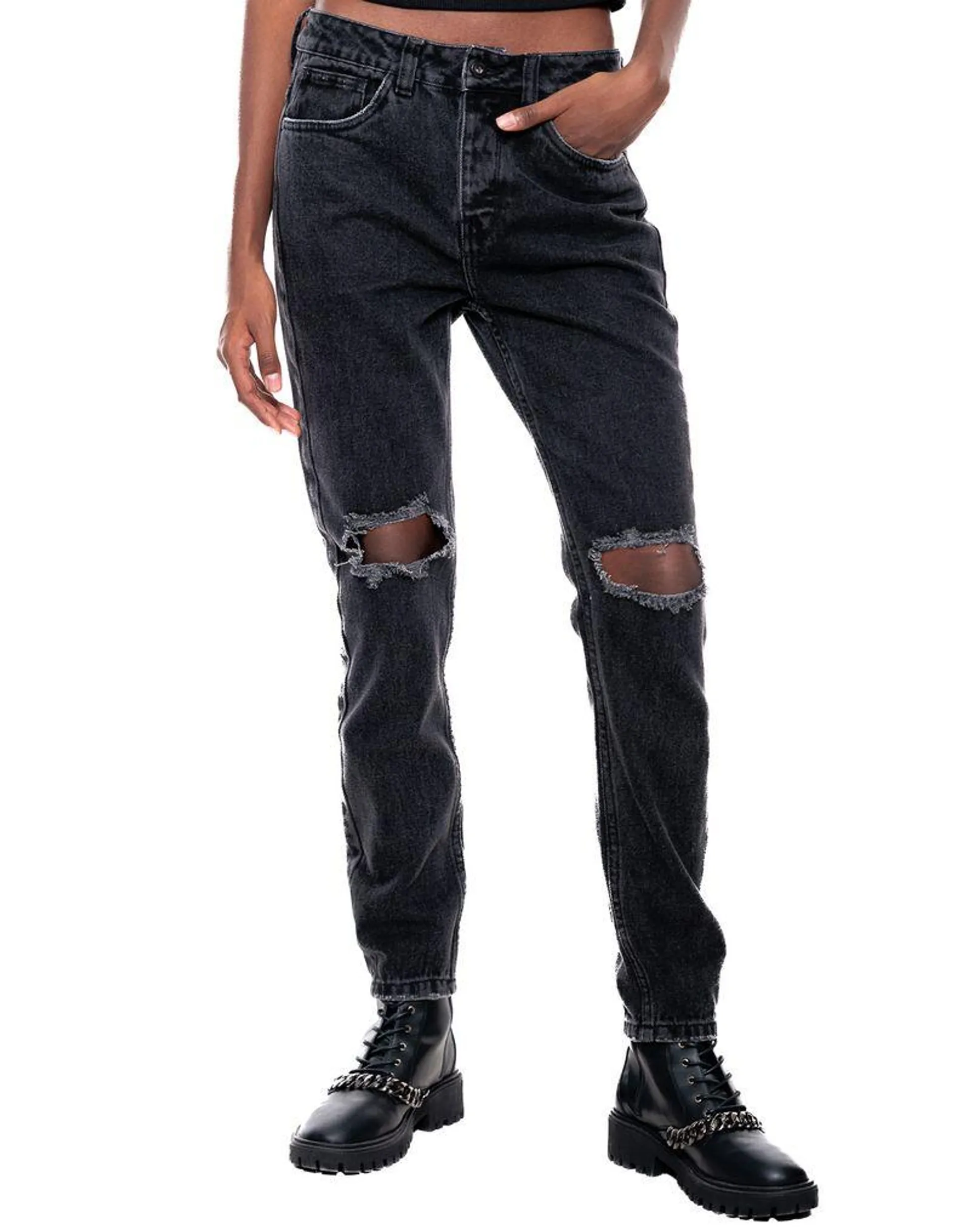 Slouchy Black Denim Jeans Con Rotos Y Botonadura Interna