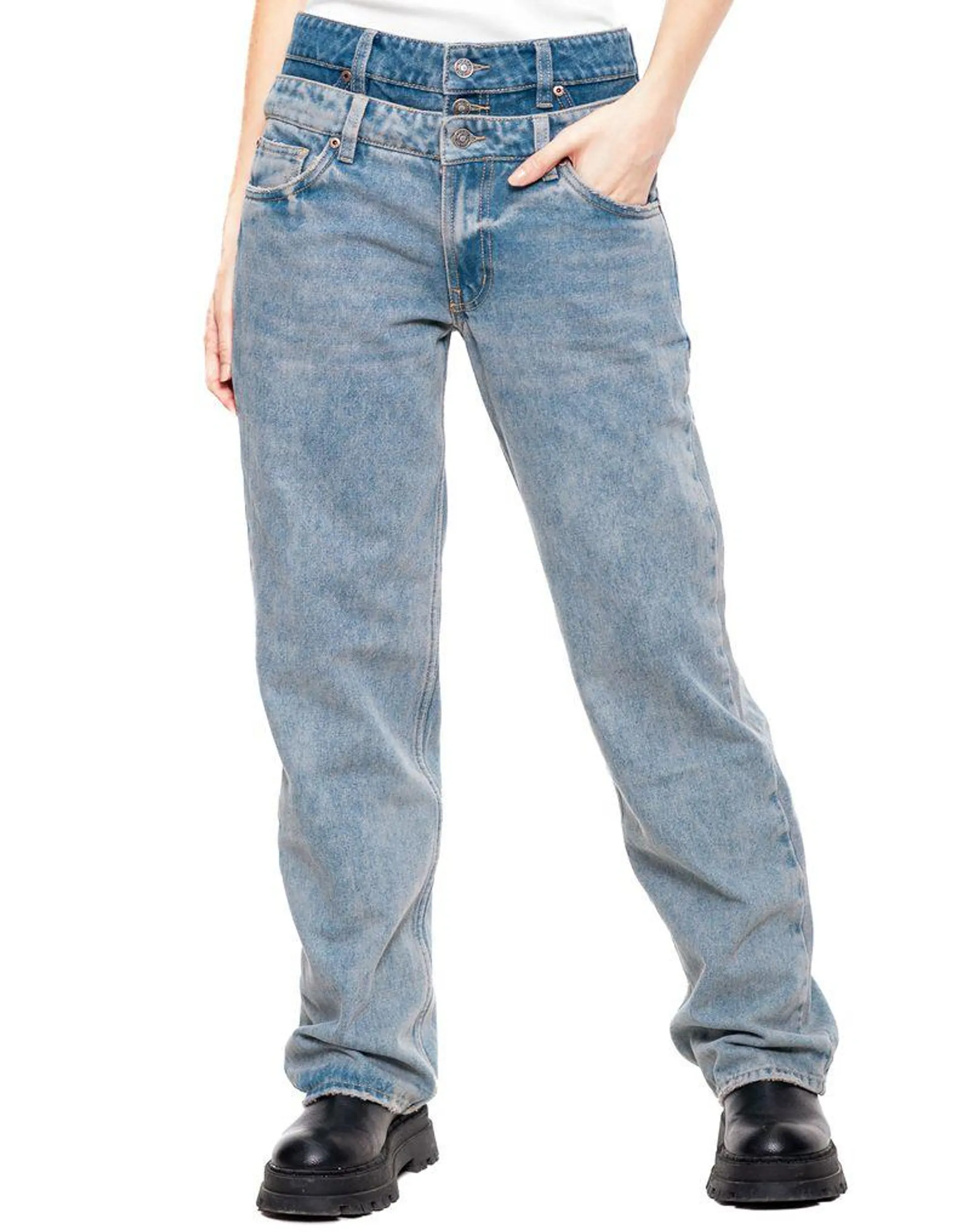 Medium Waist Straight Fit Jeans Con Pretina Doble