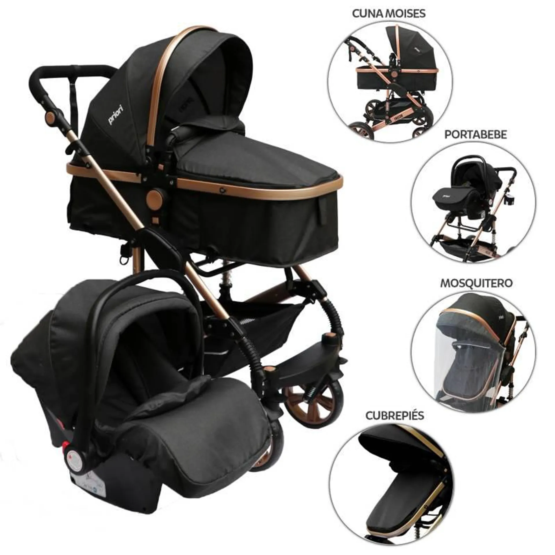 Coche para Bebé Travel System Priori, color Negro y Bronce, modelo Frezzio