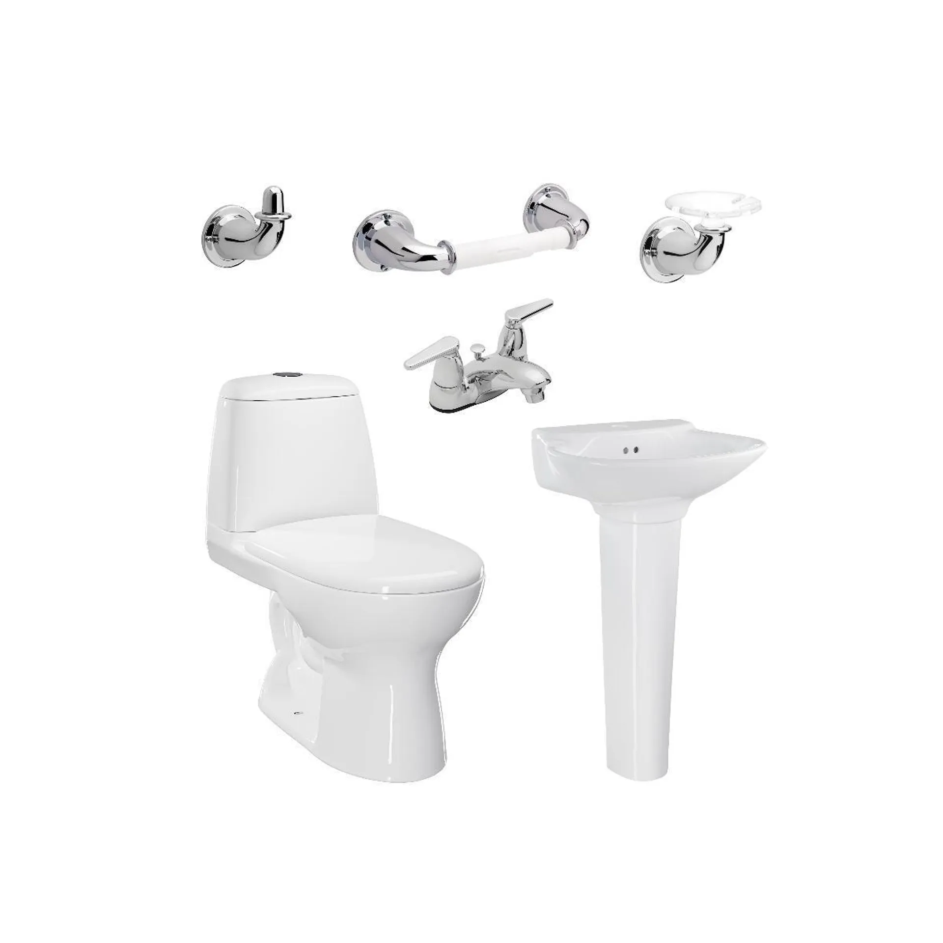 Combo Ecoclean Single II: Sanitario con taza alongada, lavamanos con pedestal, grifería y accesorios