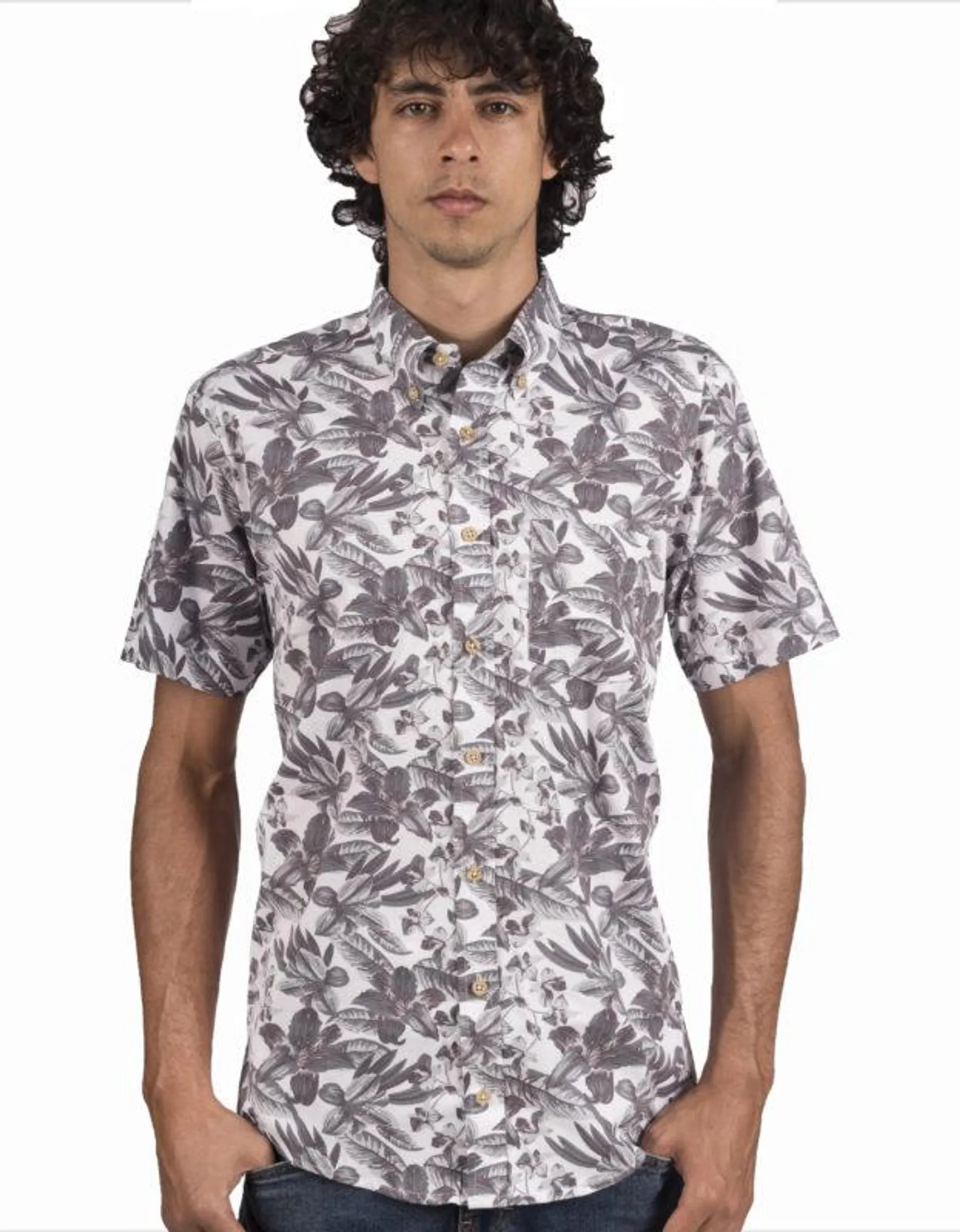 Camisa Manga Corta Blanca Estampado Tropical Hojas Gris Azulado – Moldería informal