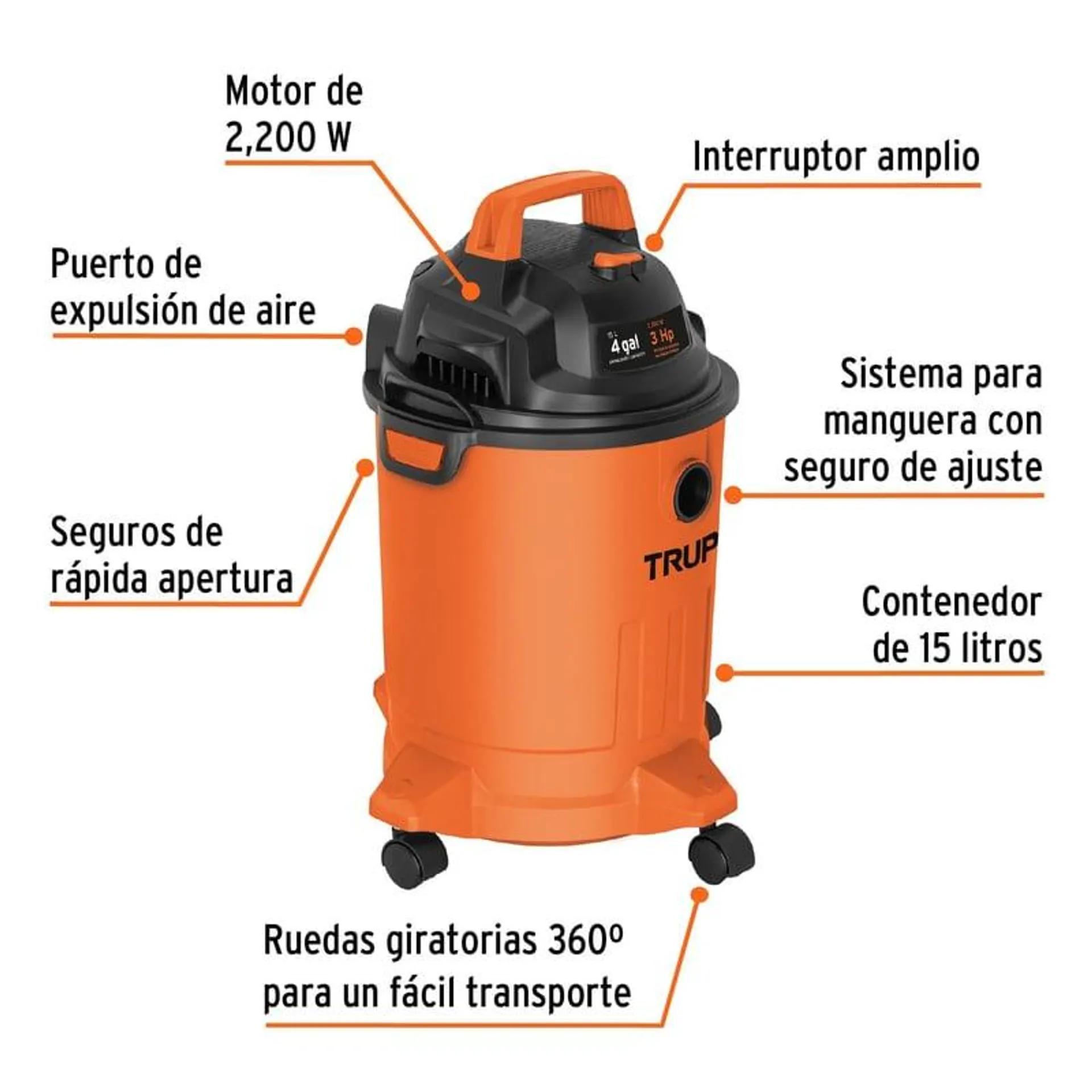 Aspiradora Sopladora 2.200 W De 15 L Para Sólidos Y Líquidos Truper