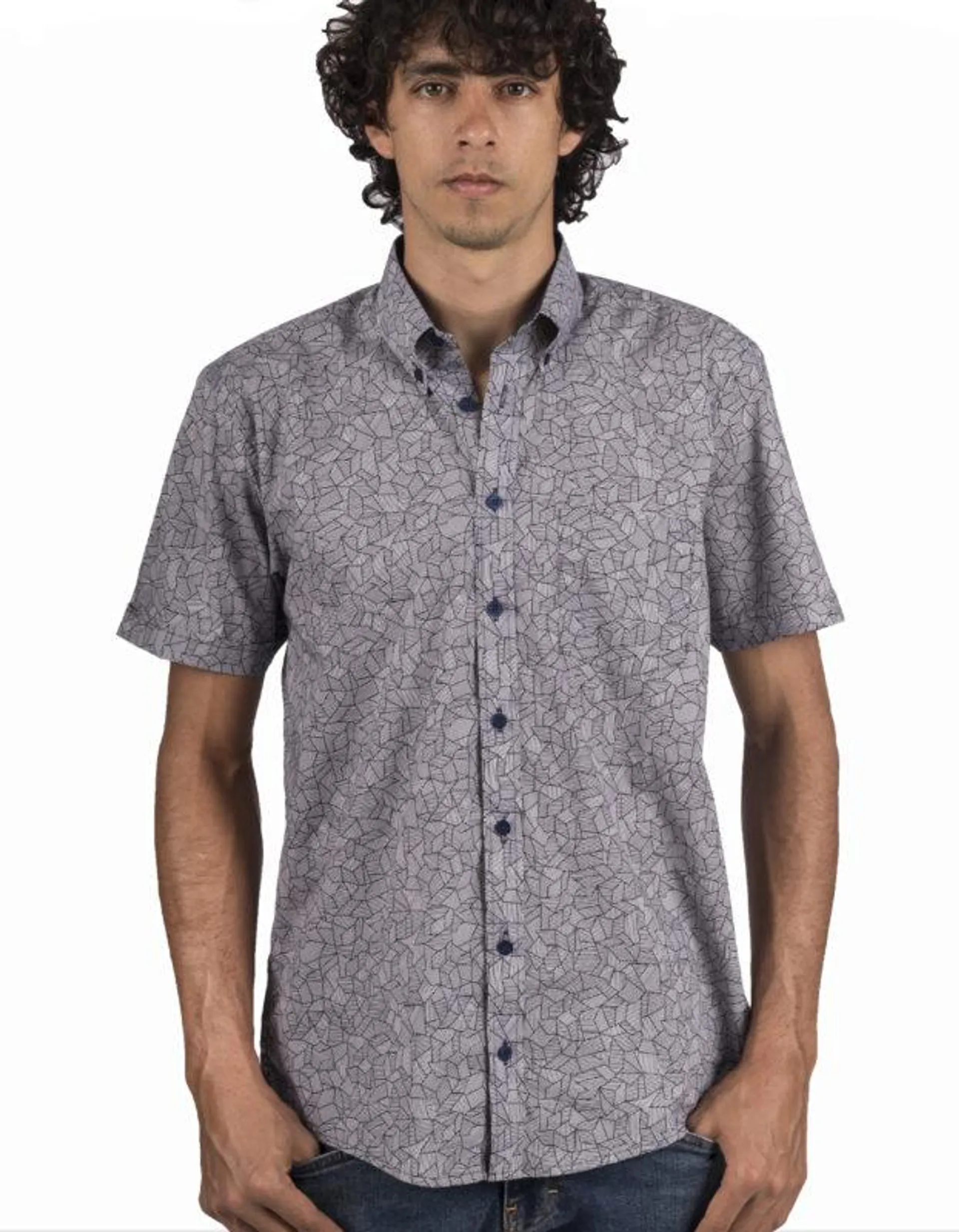 Camisa Manga Corta En Algodón Color Gris Estampado Líneas Abstractas – Moldería informal