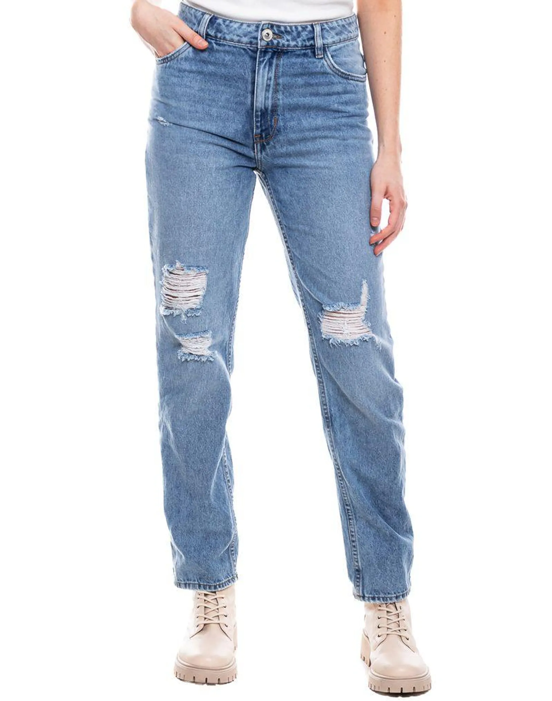 High Waist Straight Fit Jeans Tono Medio Con Rotos