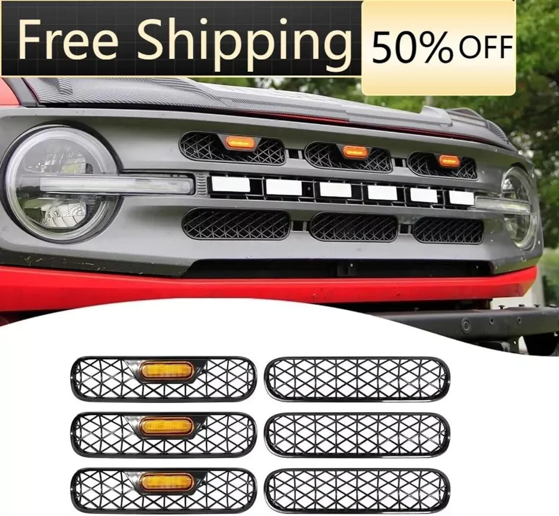 Car Grille Mesh Decoration For Ford Bronco Big Bend 2024 Front Mesh Grille Inserts with LED Grill Lights Grills Decoration Frame