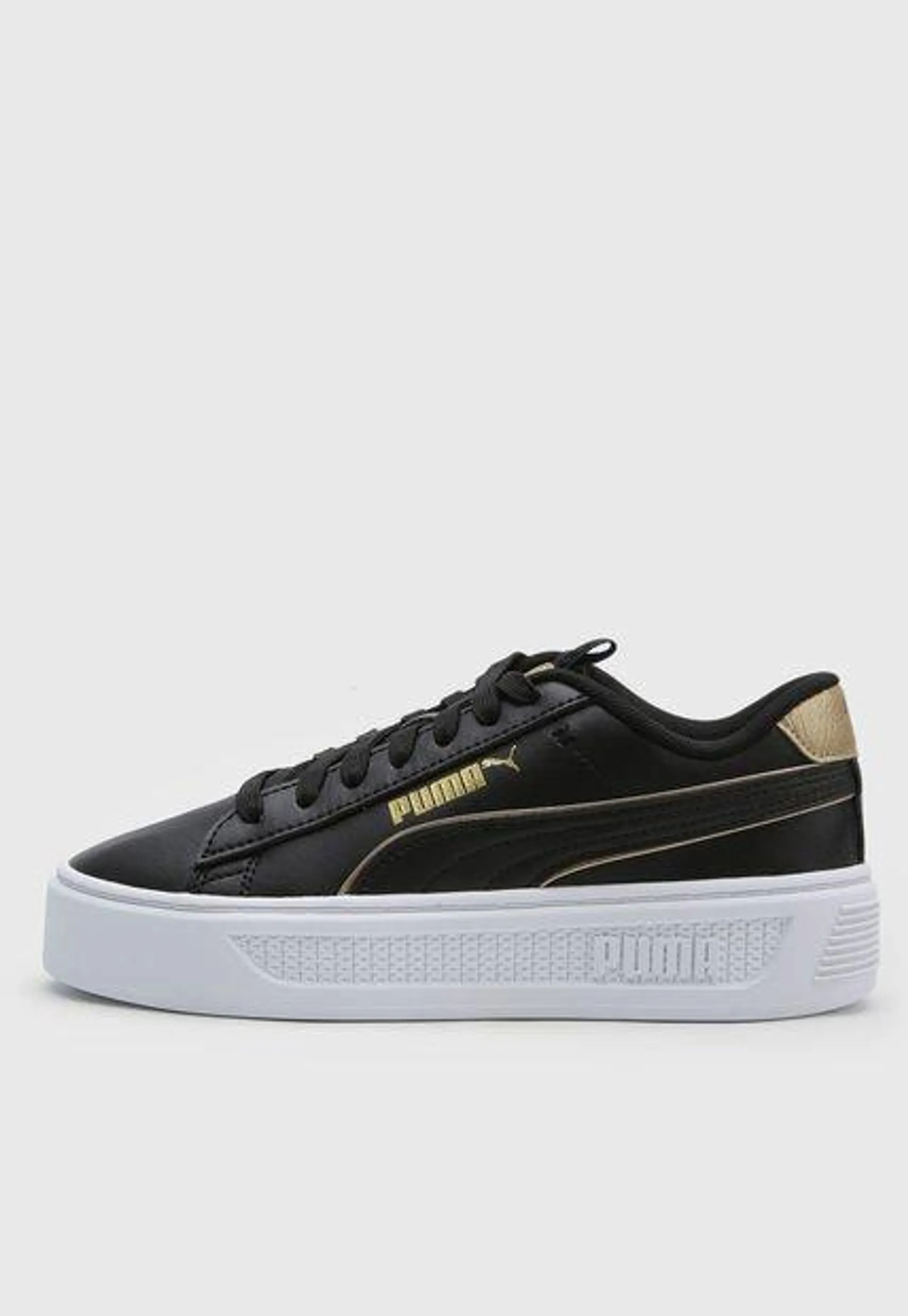 Tenis Lifestyle Negro-Blanco-Dorado PUMA Smash Plataforma V3 Pop Up