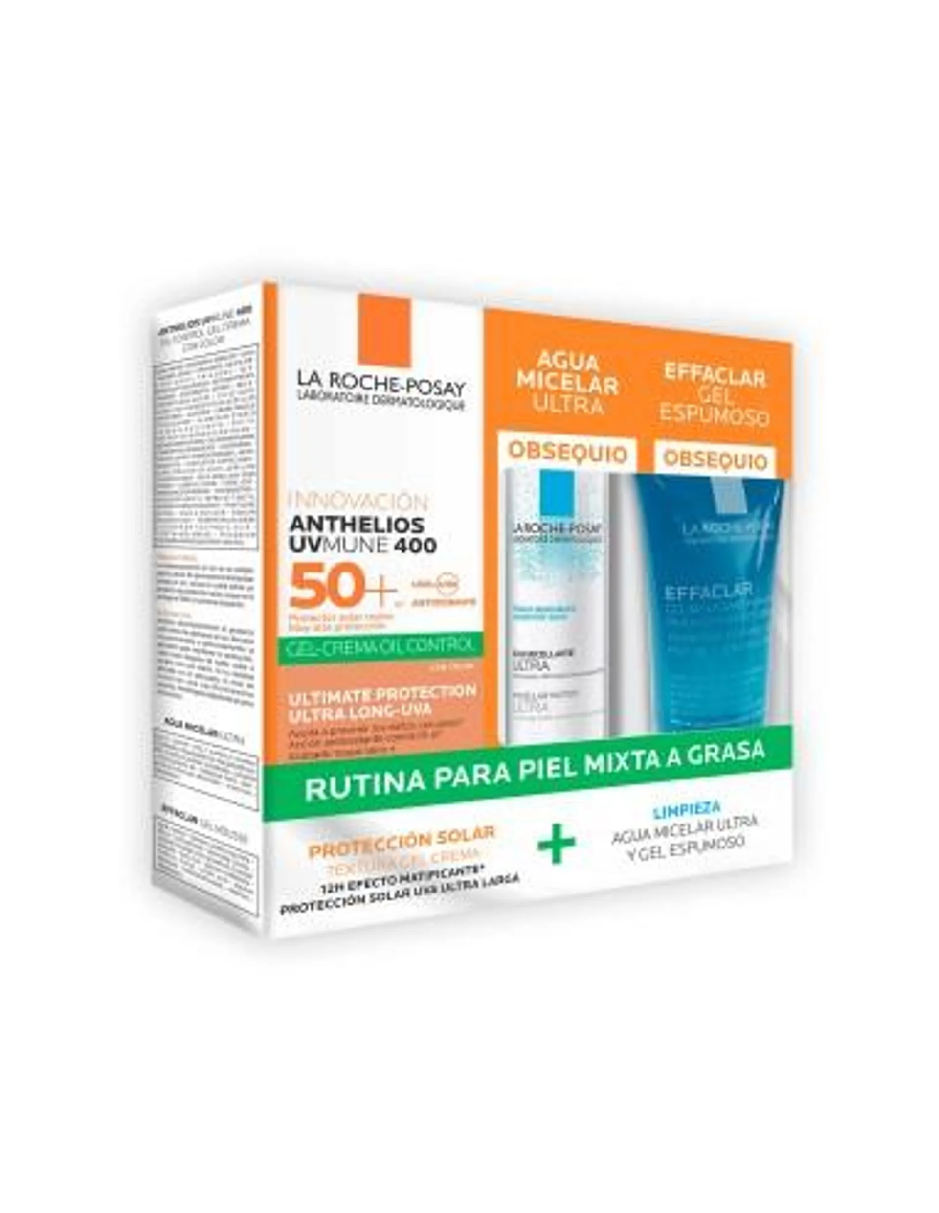 Kit Anthelios UVMUNE 400 Crema-Gel Oil Control con Color + Agua Micelar x50ml + Effaclar Gel x50ml