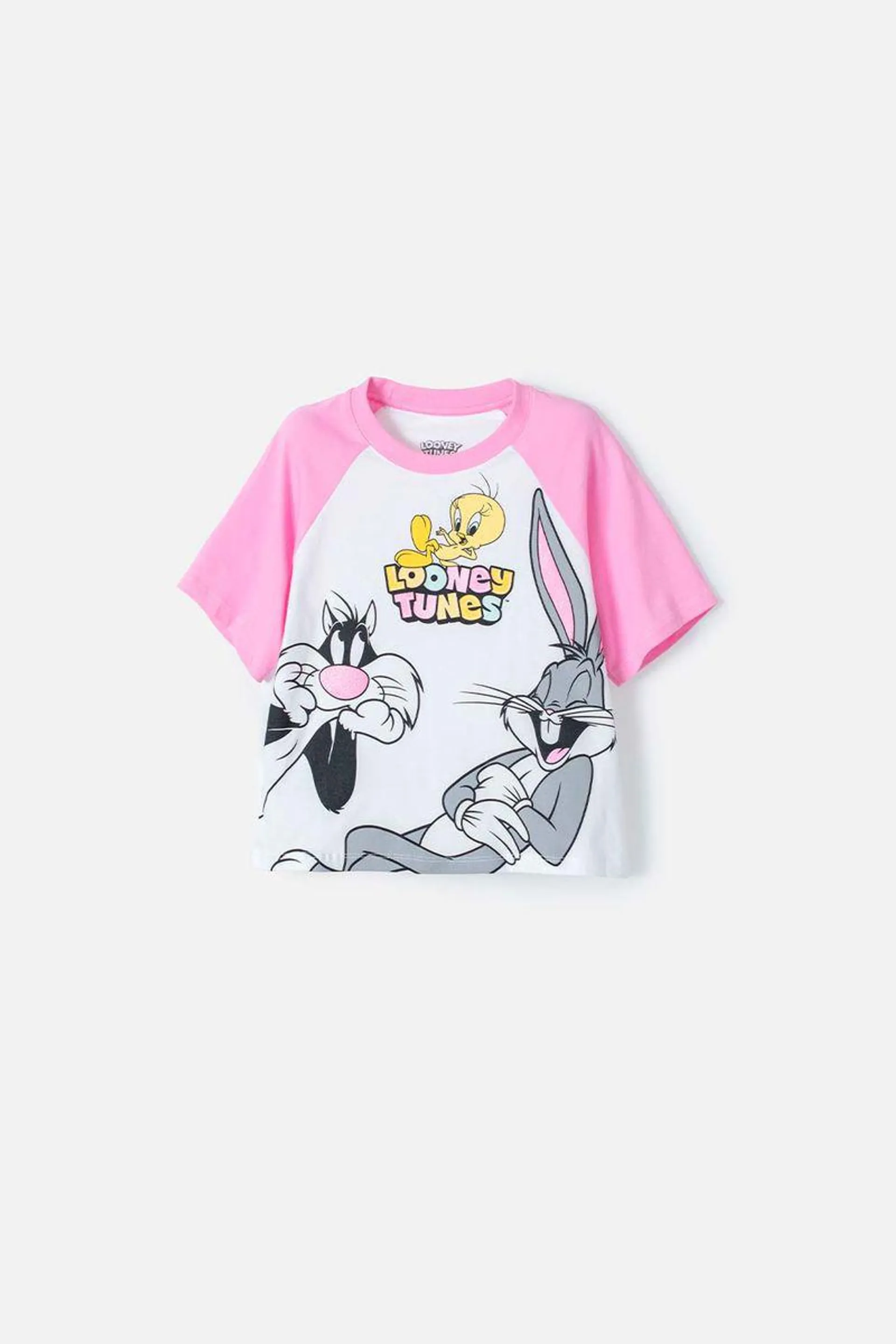 Camiseta de Looney Tunes manga corta blanco y rosado para niña