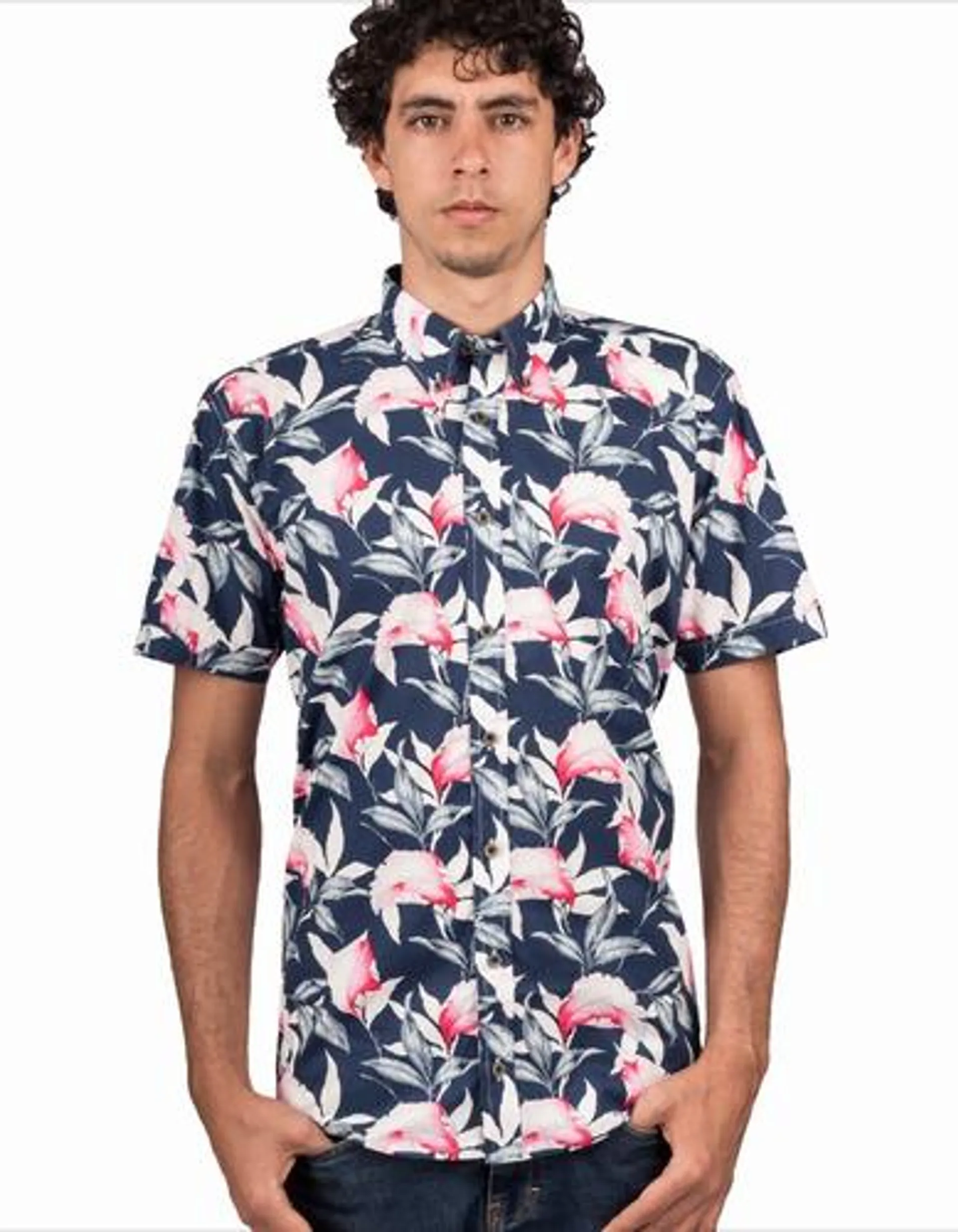 Camisa Manga Corta Algodón Azul Oscuro Estampado Floral Rosa – Moldería informal