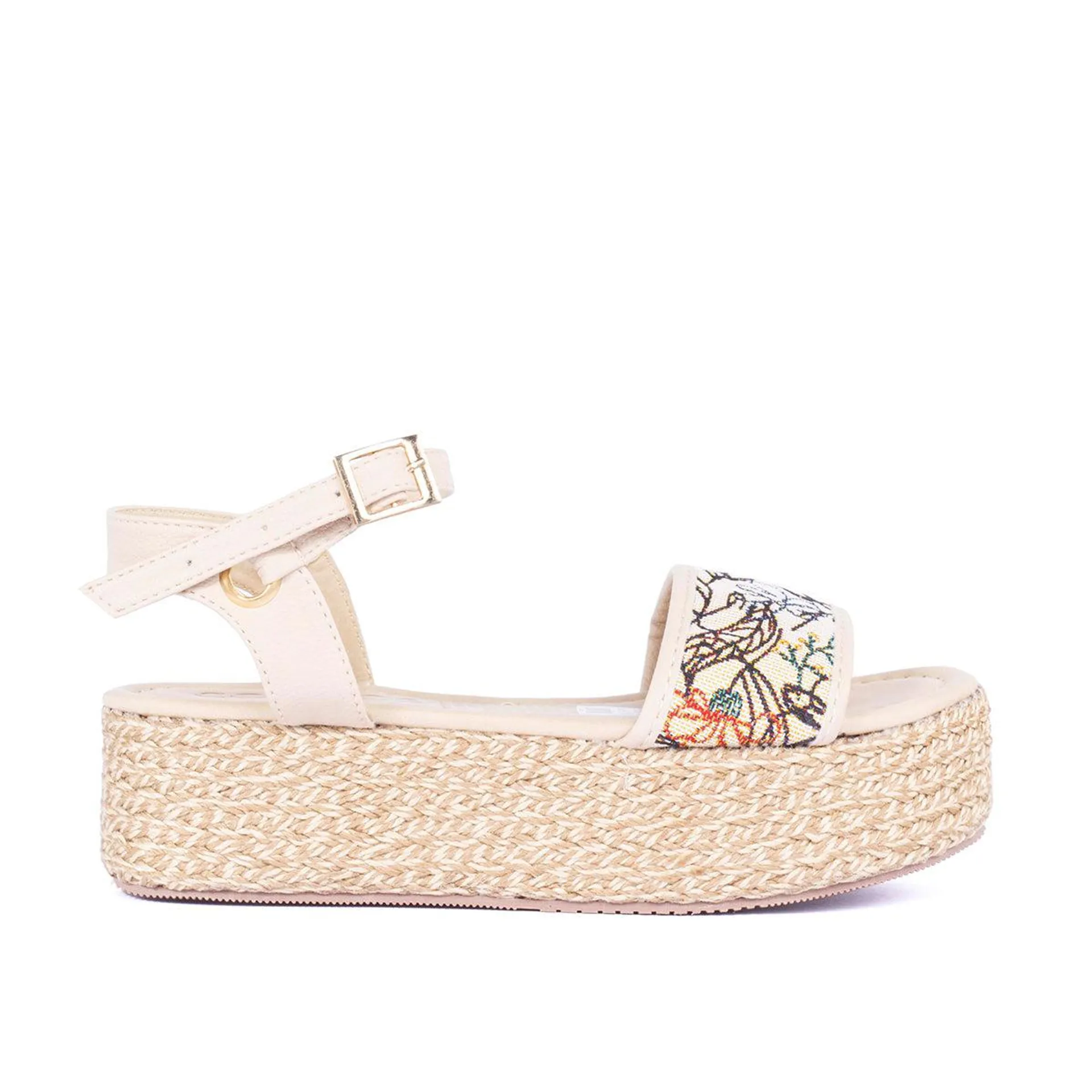 Sandalias color beige, capellada con estampado arabesco y plataforma de yute