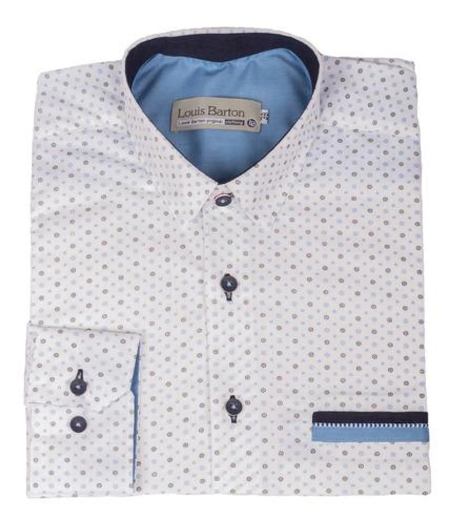 Camisa Blanca Manga Larga Miniprint Azul Detalle En Cuello – Moldería slim