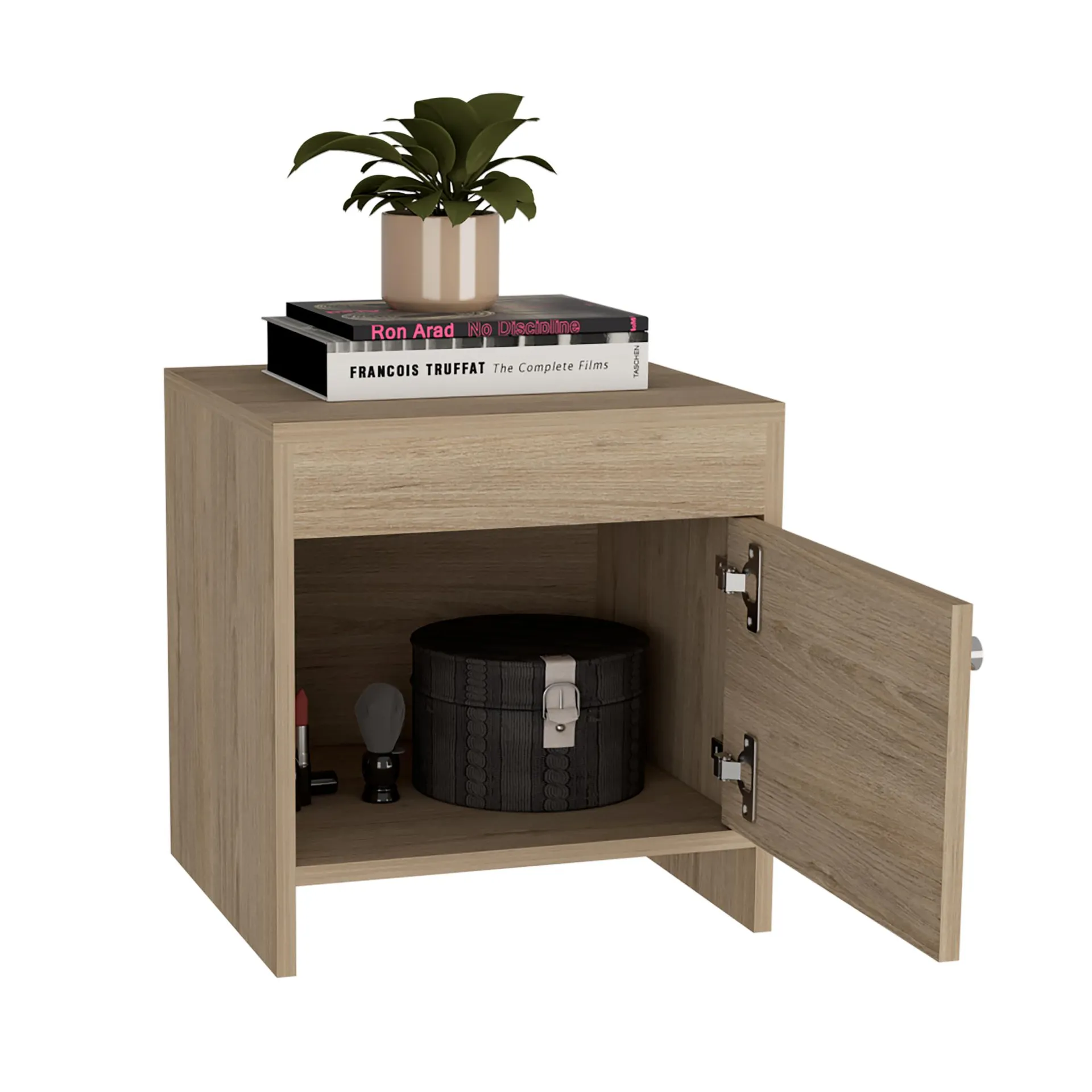 Mesa de noche tutto, beige, con cajón para guardar objetos ideal para espacios reducidos