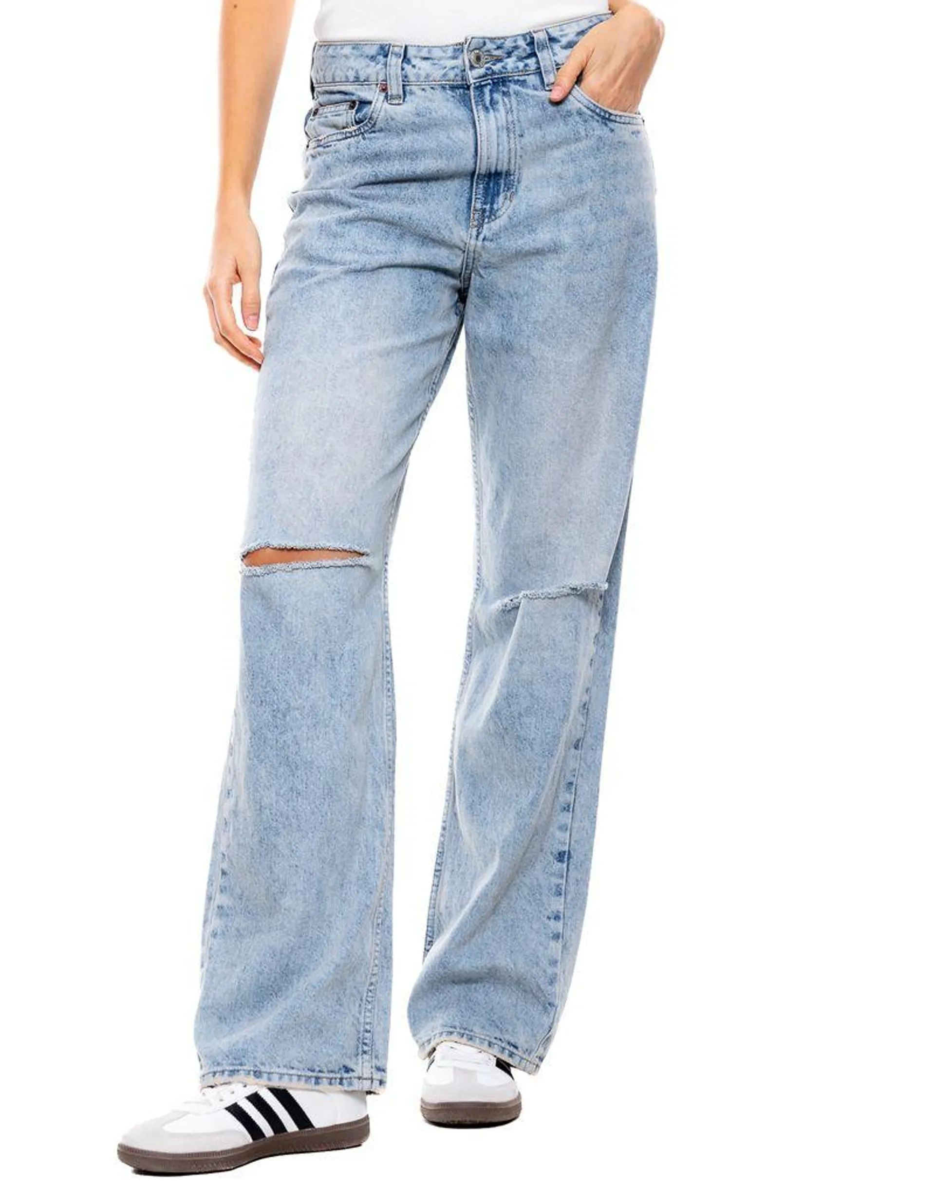 High Waist Straight Fit Jeans Con Rotos