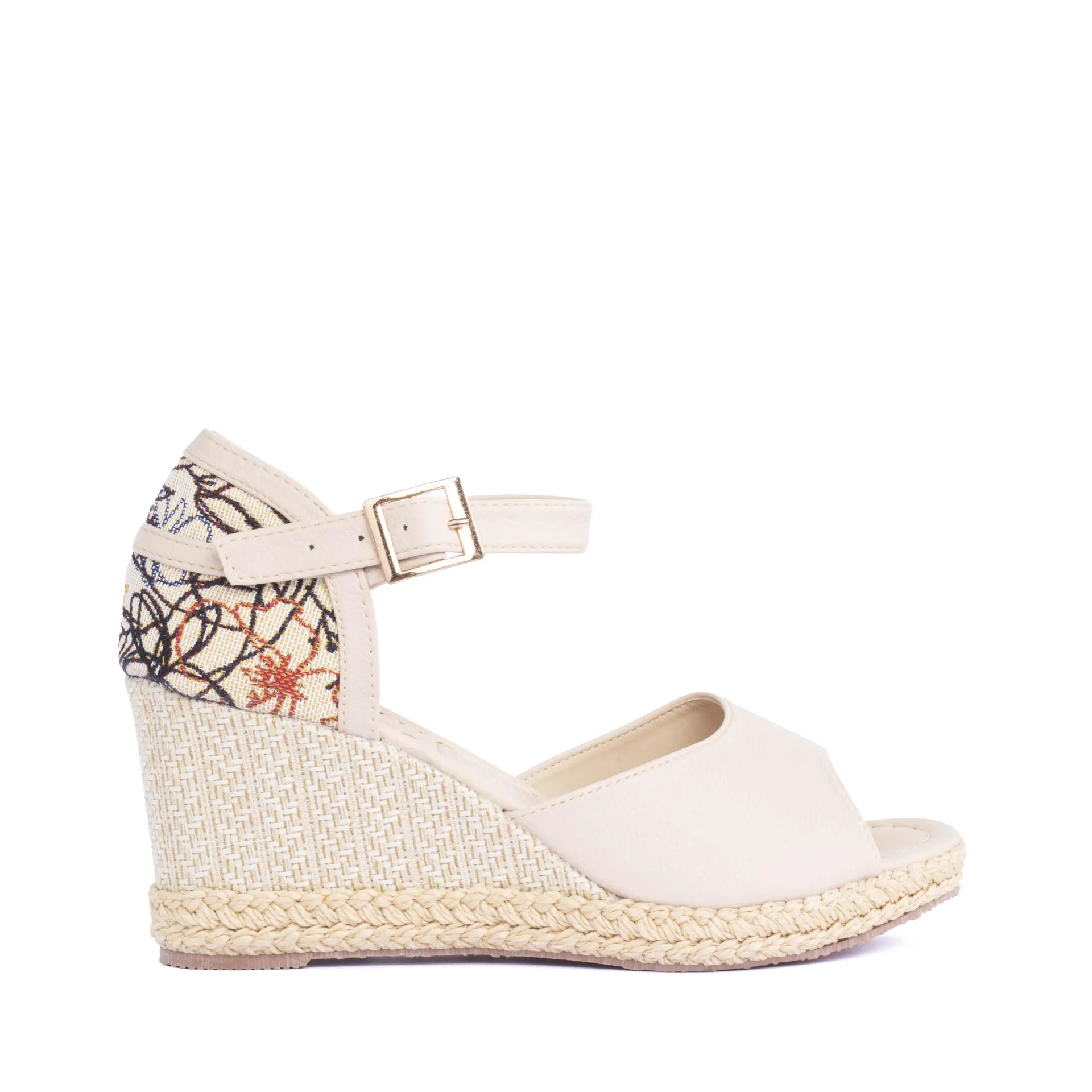 Sandalias color beige con plataforma en yute y estampado arabesco en talón