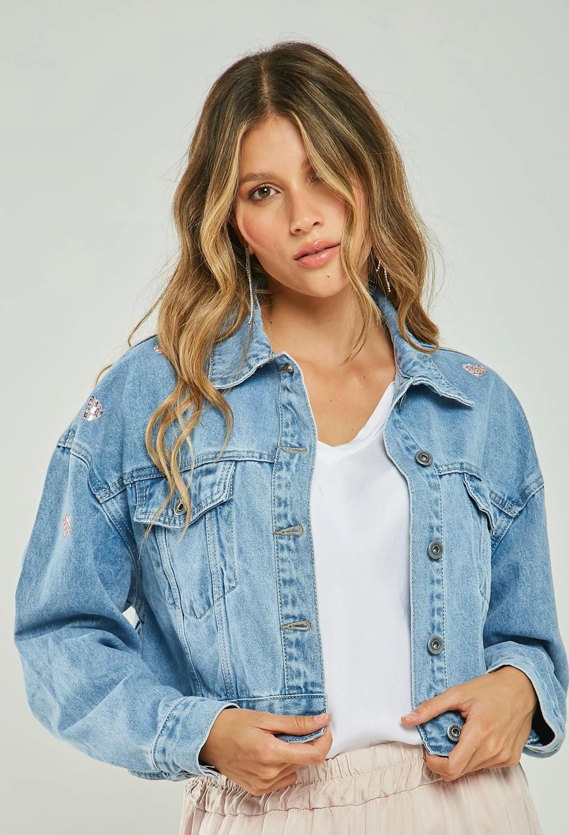 Chaqueta Crop Lentejuelas y Denim Mujer - SALE