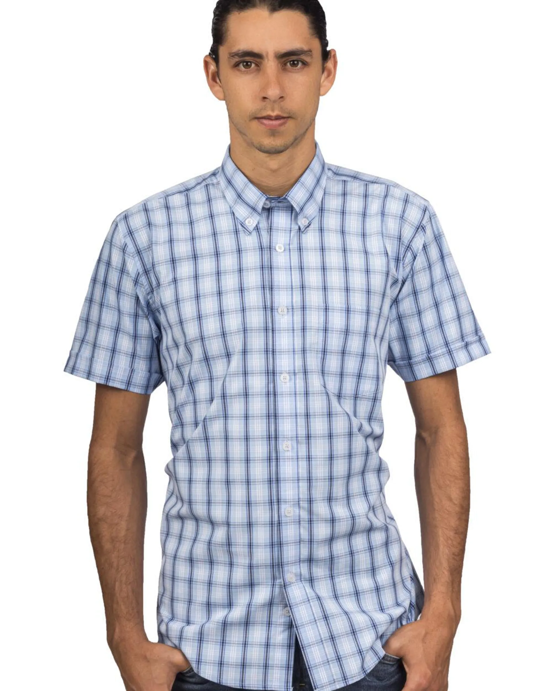 Camisa Manga Corta Azul Claro Cuadros – Moldería informal