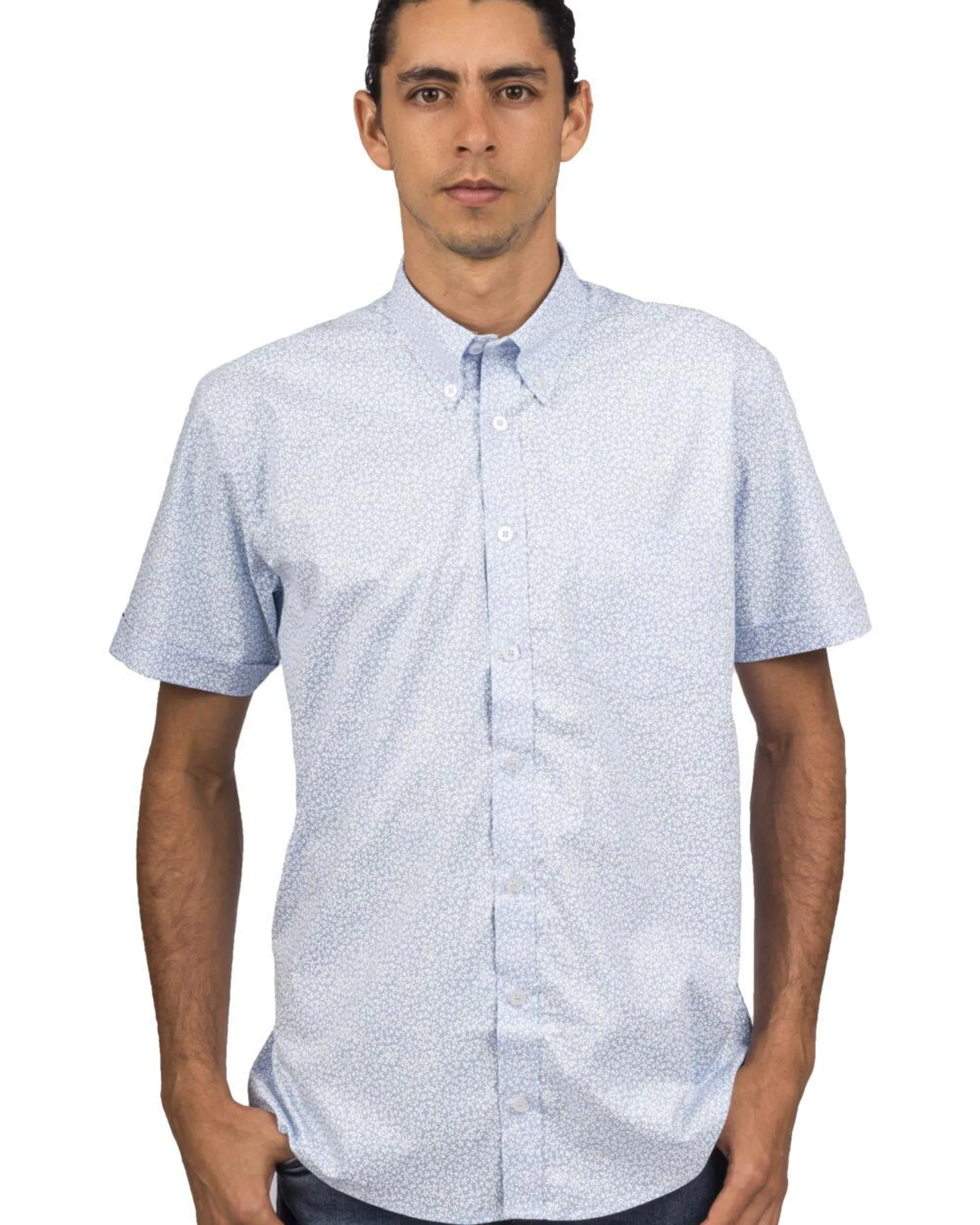 Camisa Manga Corta Azul Print Flores Blancas – Moldería informal