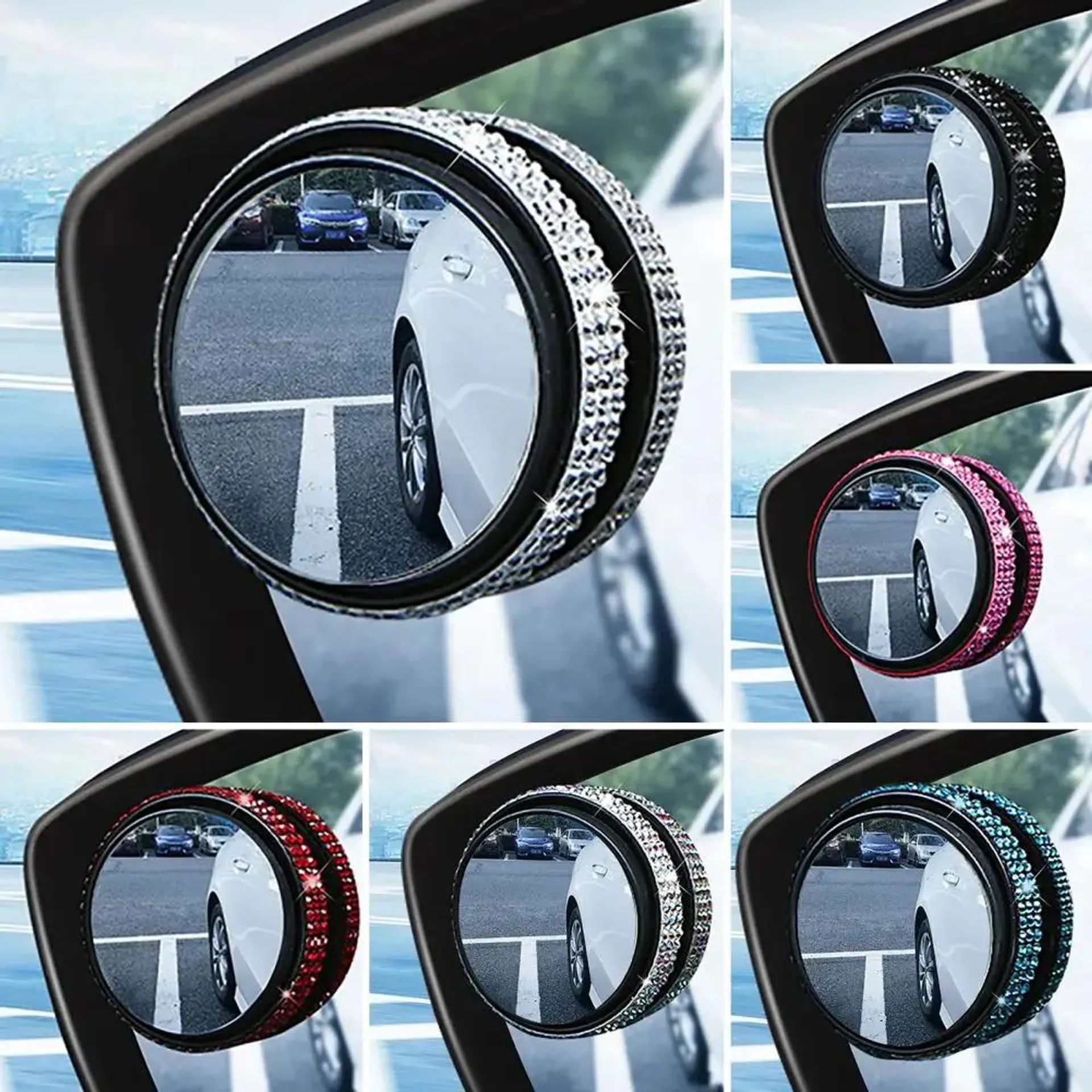 Two piece adjustable 360 degree wide-angle blind spot mirror artificial sparkling diamond waterproofrust proof blind spot mirror