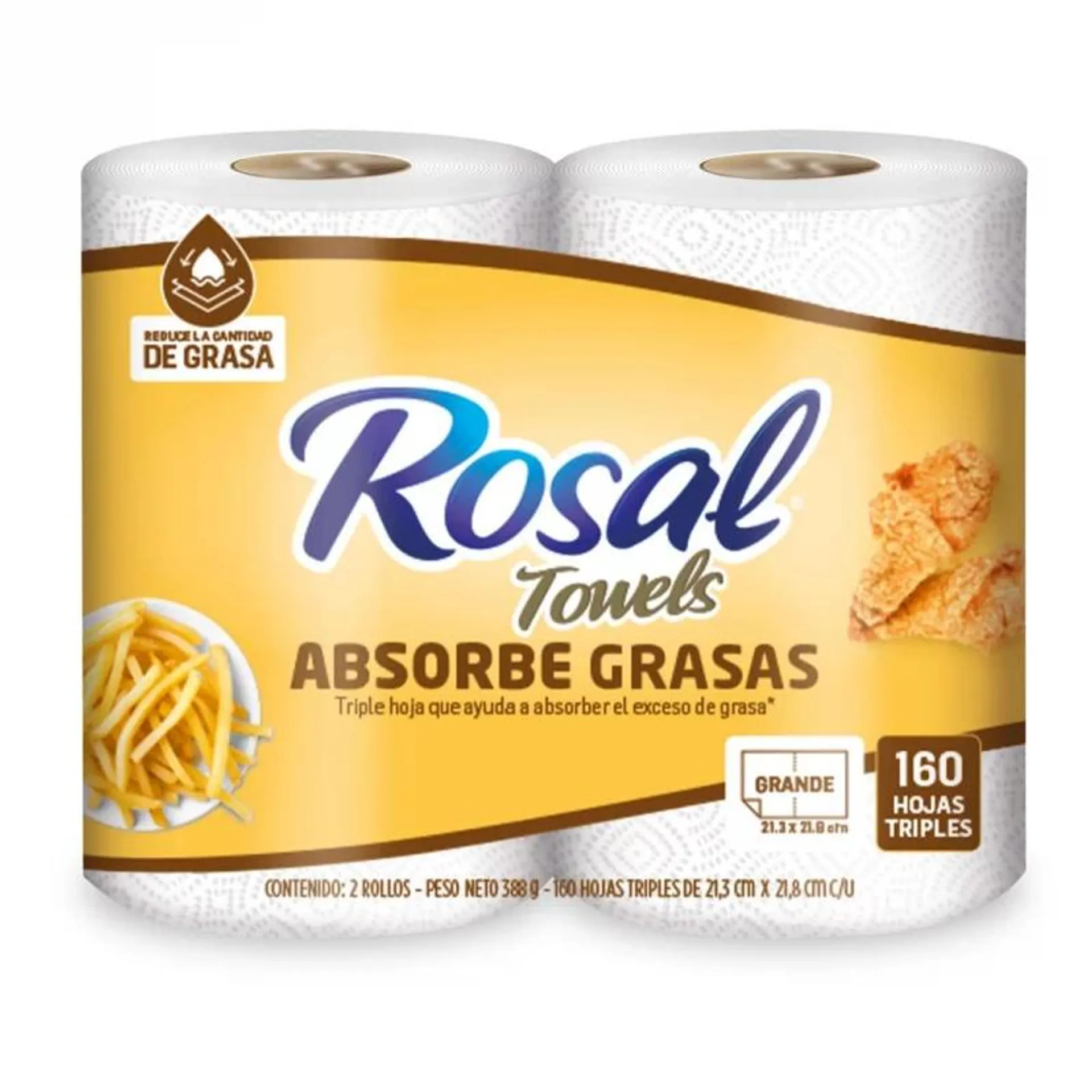 Toalla Rosal Absorbe Grasas Triple Hoja x 2 Rollos x 160 Hojas