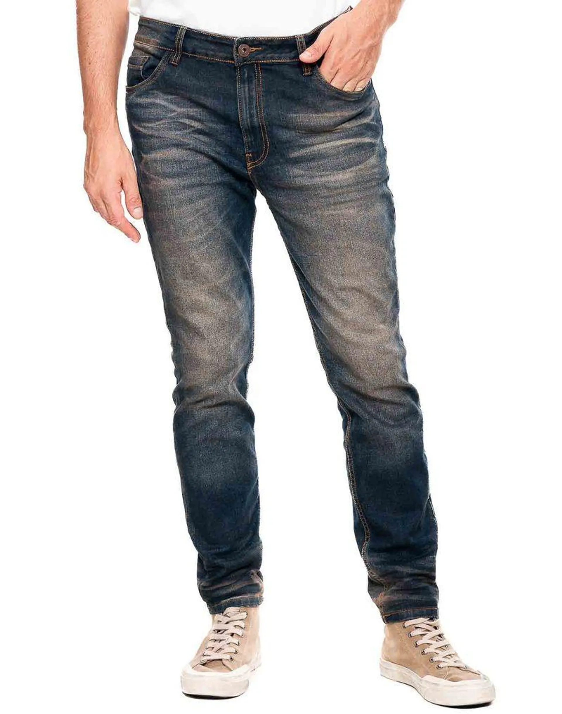 Skinny Fit Jeans Tono Medio Con Desgastes