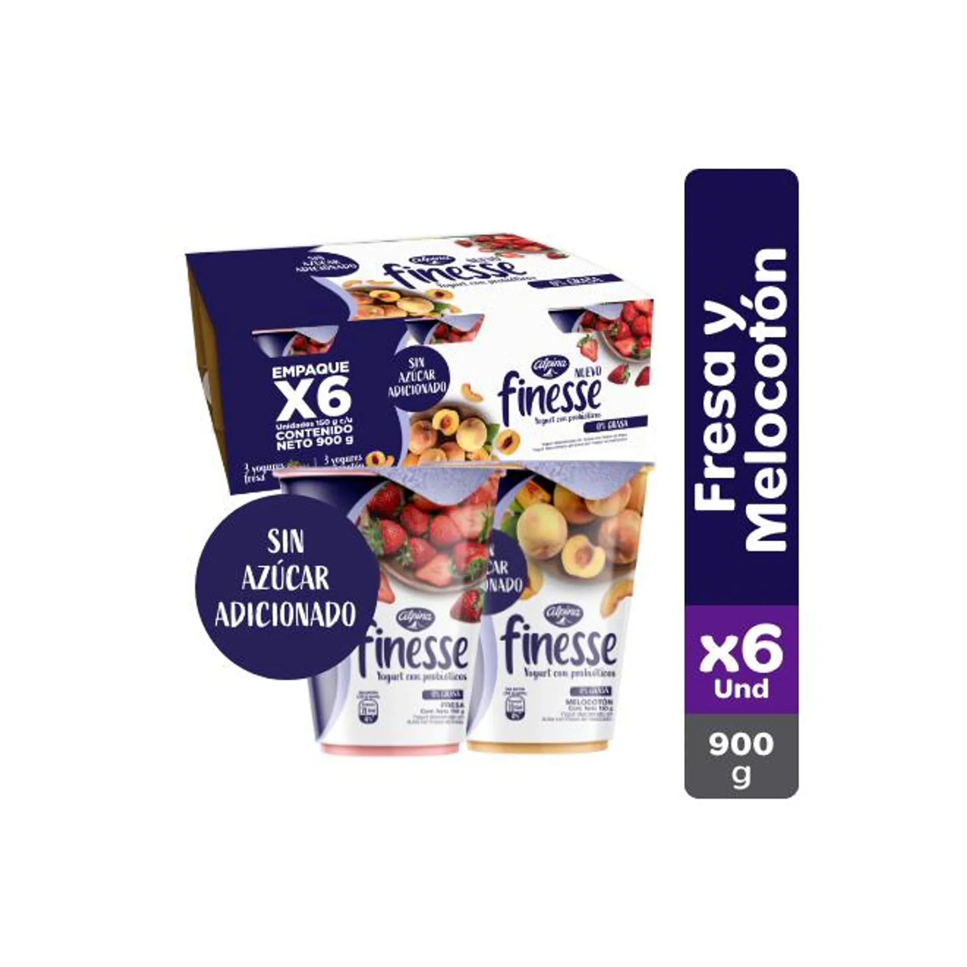 Yogurt Finesse Fresa y Melocoton x6 Und Vaso 150 g