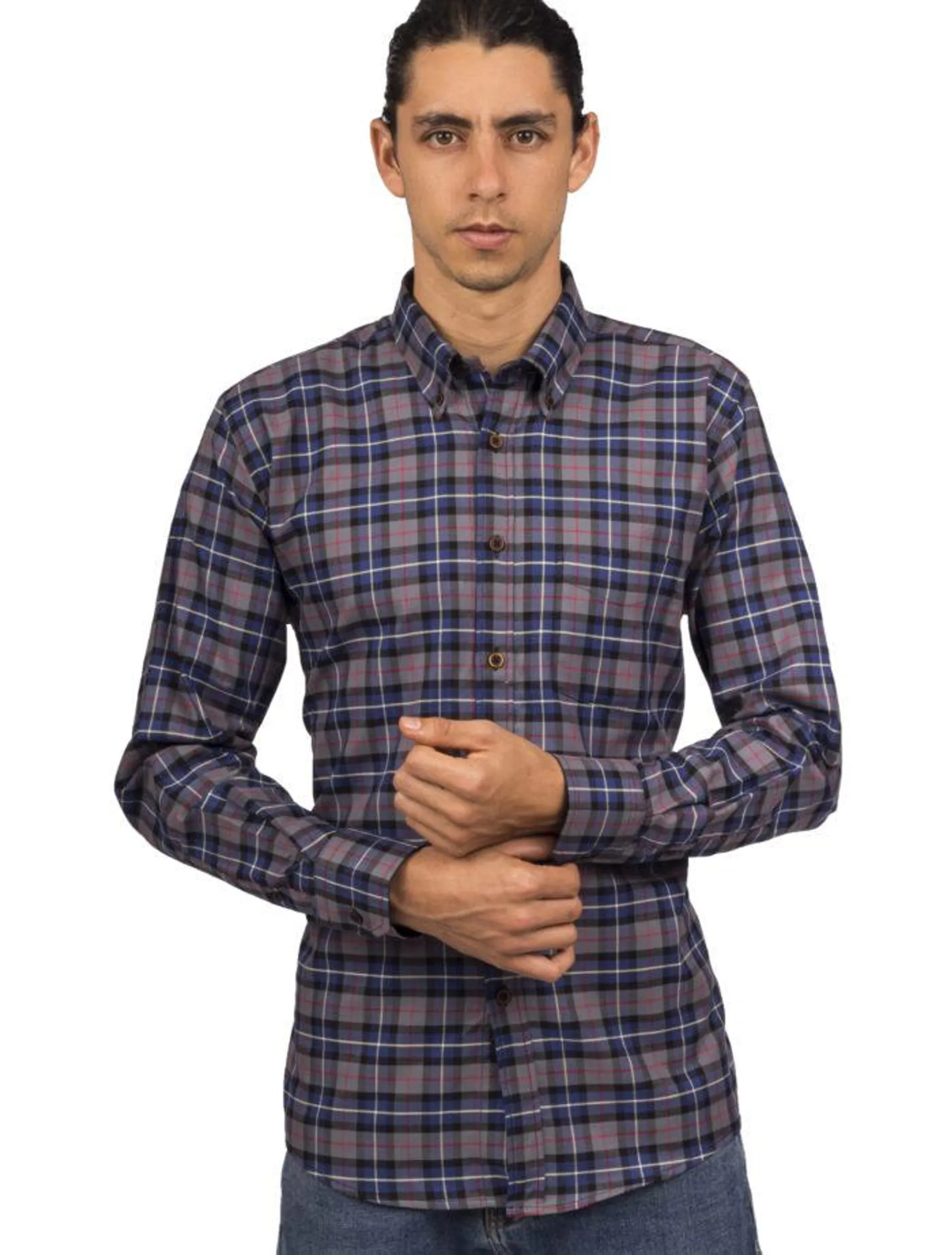 Camisa a Cuadros Manga Larga Azul Rayas Amarillas, Grises y Negras – Moldería informal