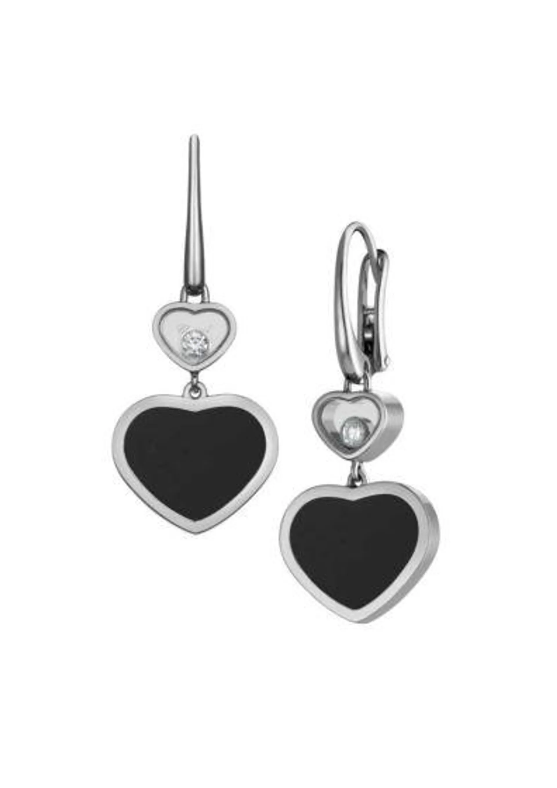 Aretes largos Chopard Happy Hearts oro blanco 18K, onix y diamantes