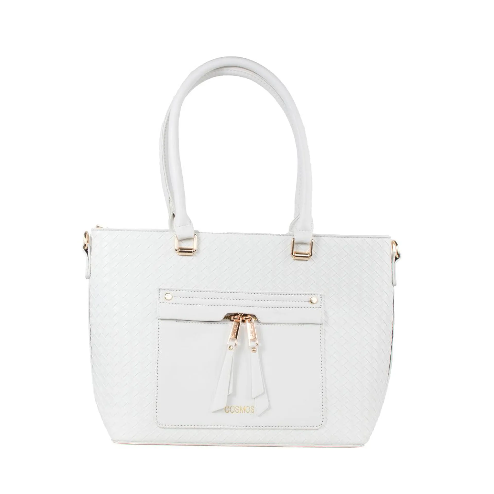 Bolso tipo shopping color blanco con bolsillo frontal, para dama