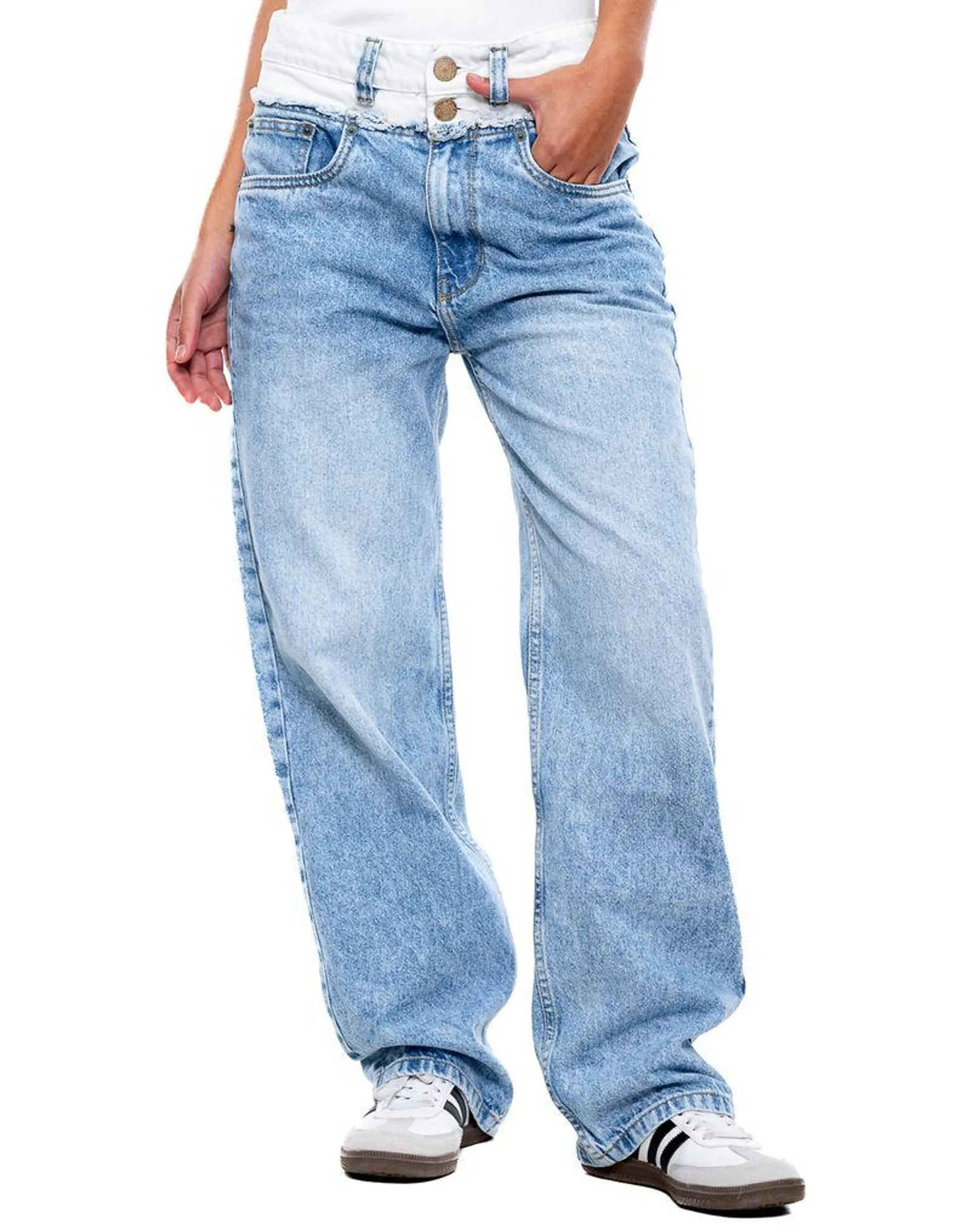 High Waist Wide Leg Jeans Con Corte En Pretina Y Contraste De Color