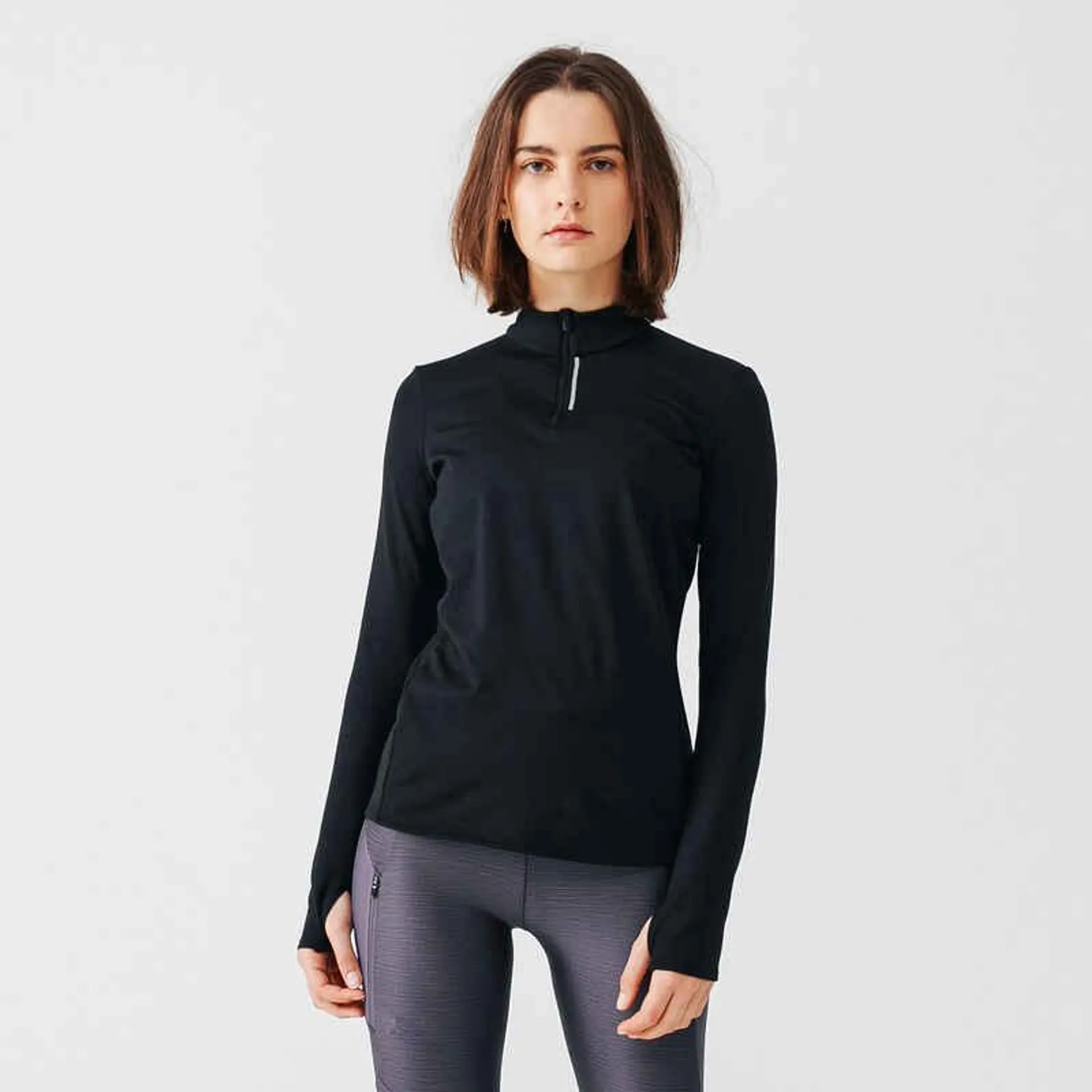Camiseta manga larga cálida Mujer Running - Zip warm negro