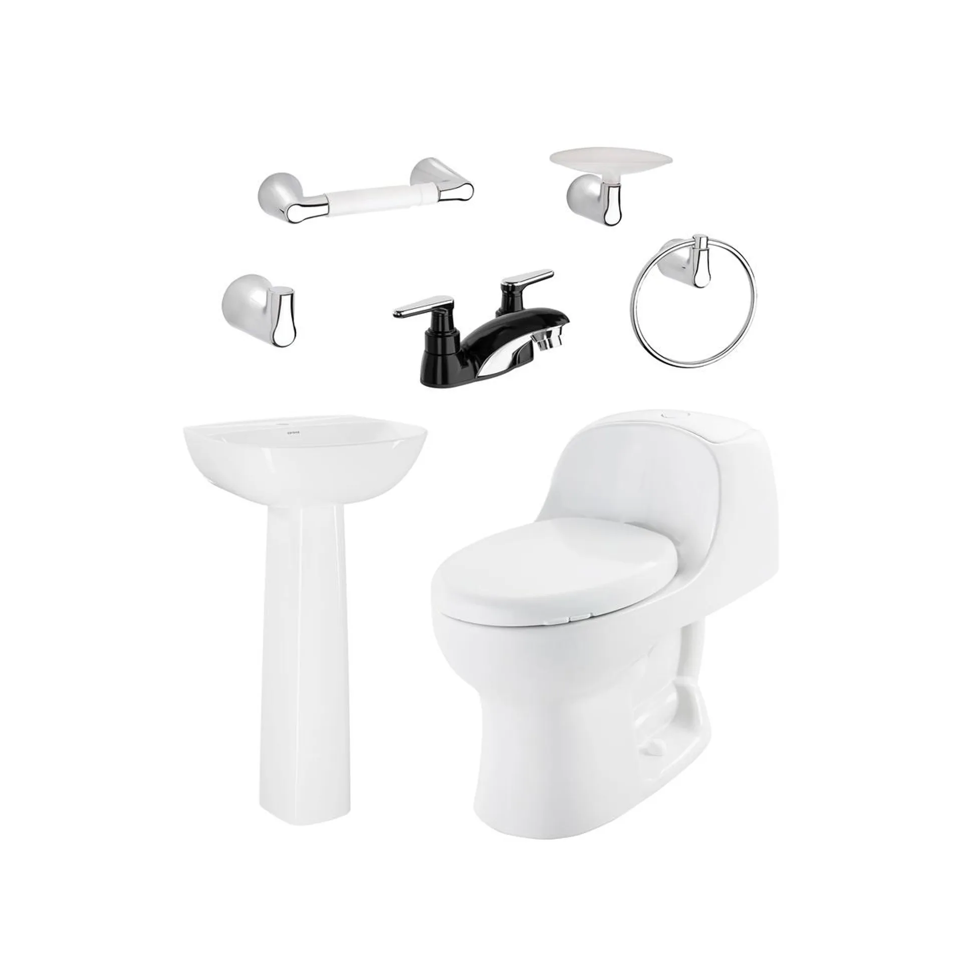 Combo Montecarlo Advance II: Sanitario con taza redonda, lavamanos con pedestal, grifería negra y accesorios x4.