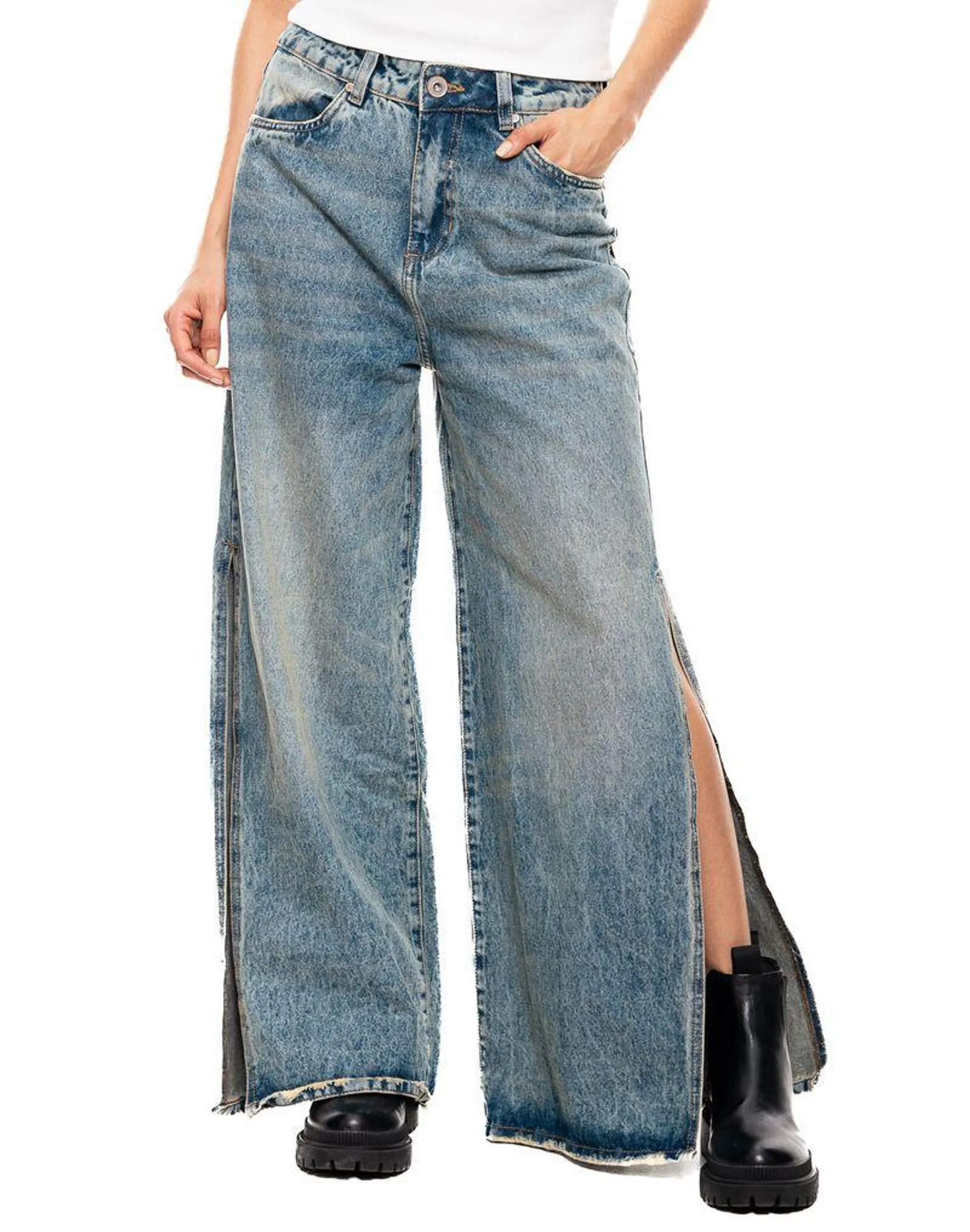 High Waist Wide Leg Jeans Tono Medio Con Abertura