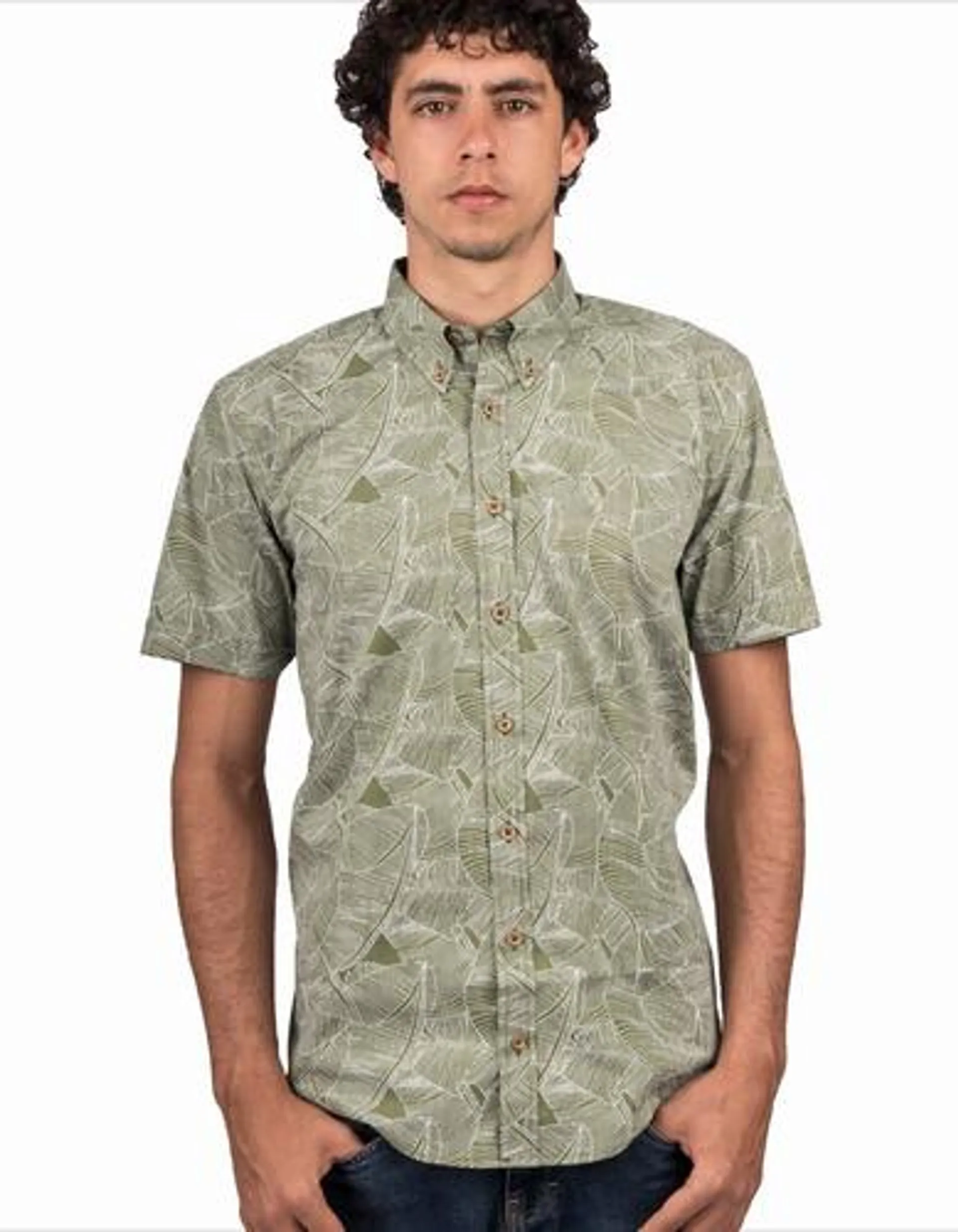 Camisa Manga Corta Color Verde Estampado Hojas Blancas Rayas – Moldería informal