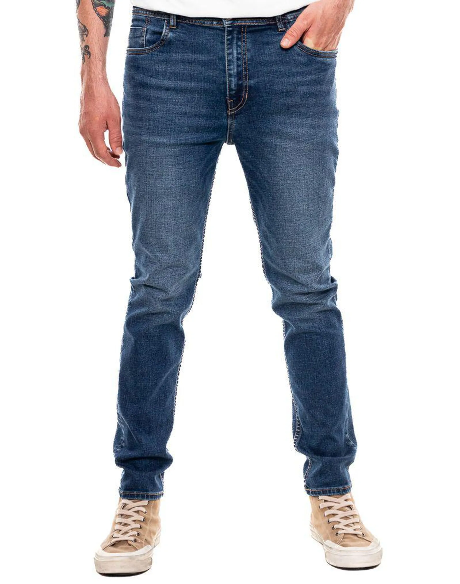 Skinny Fit Jeans Tono Medio Con Desgastes