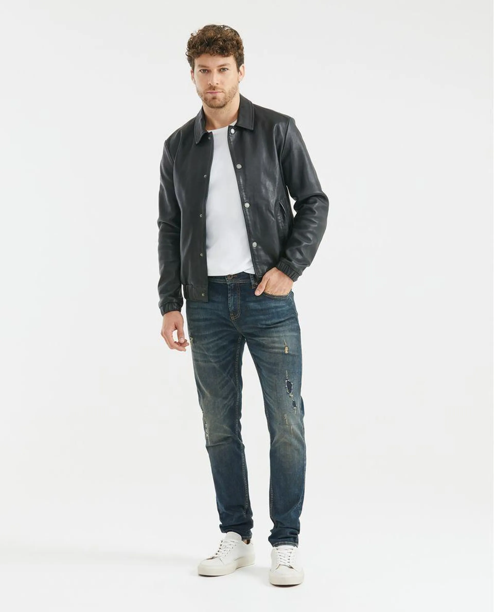 Jean de Hombre Super Slim Fit, Rider, Bota Slim - Azul Medio Vintage + Rotos