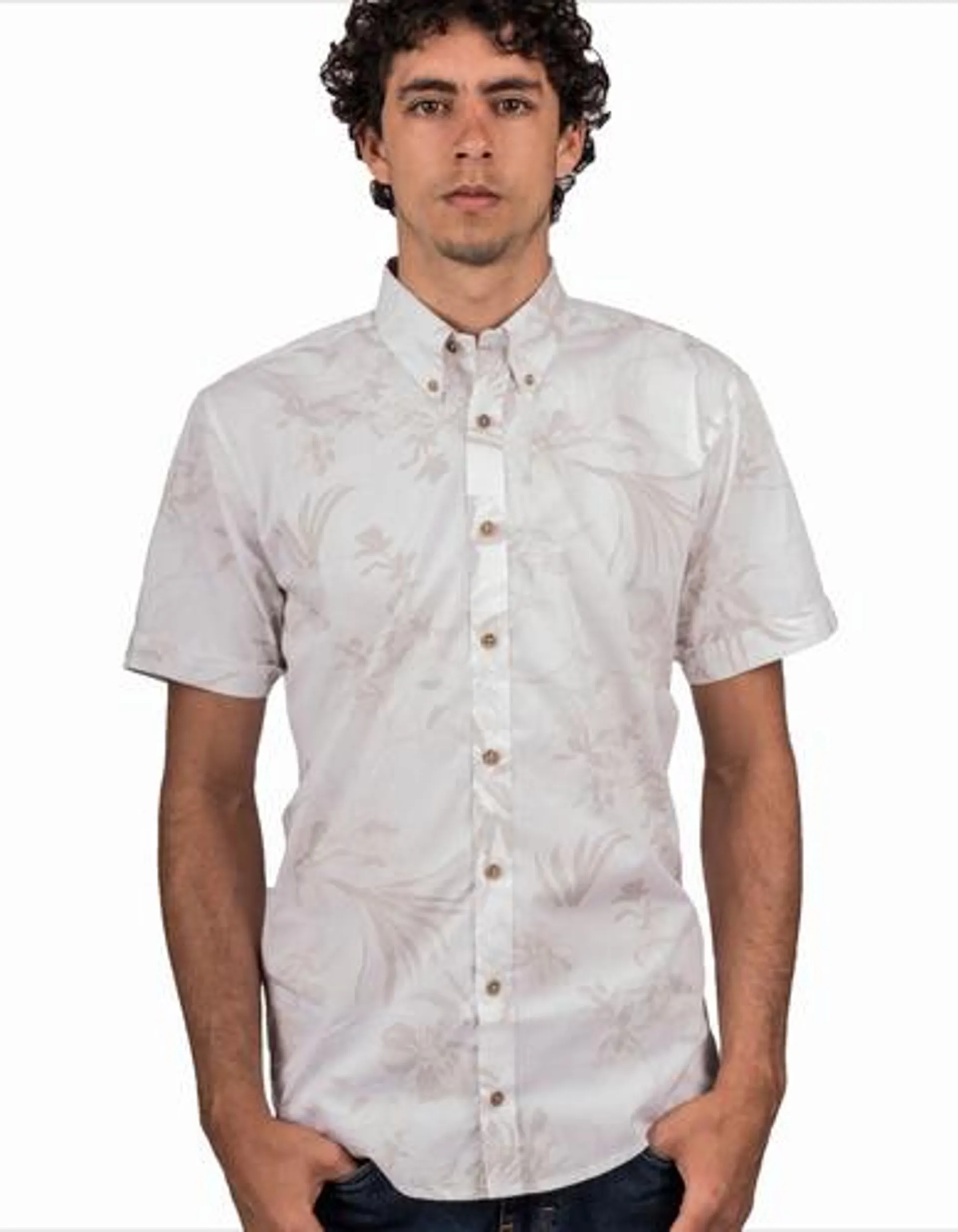 Camisa Manga Corta Blanca Estampado Flores Beige – Moldería informal