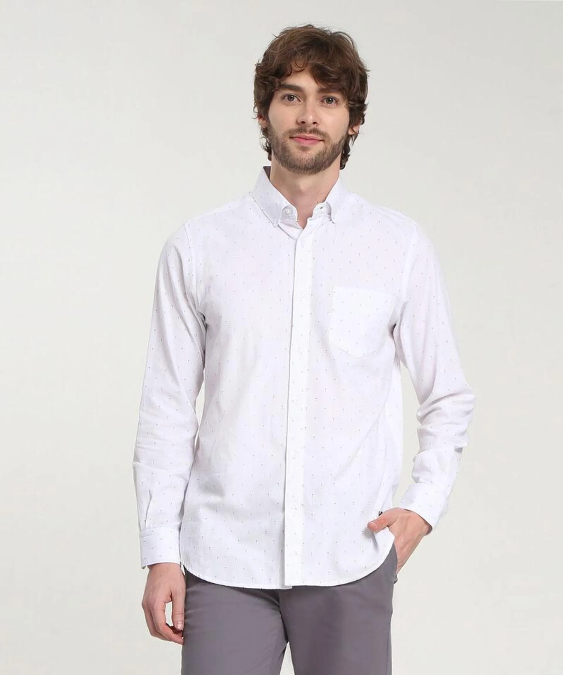 Camisa Corbatera Manga Larga Estampado Cuello Button Down Regular