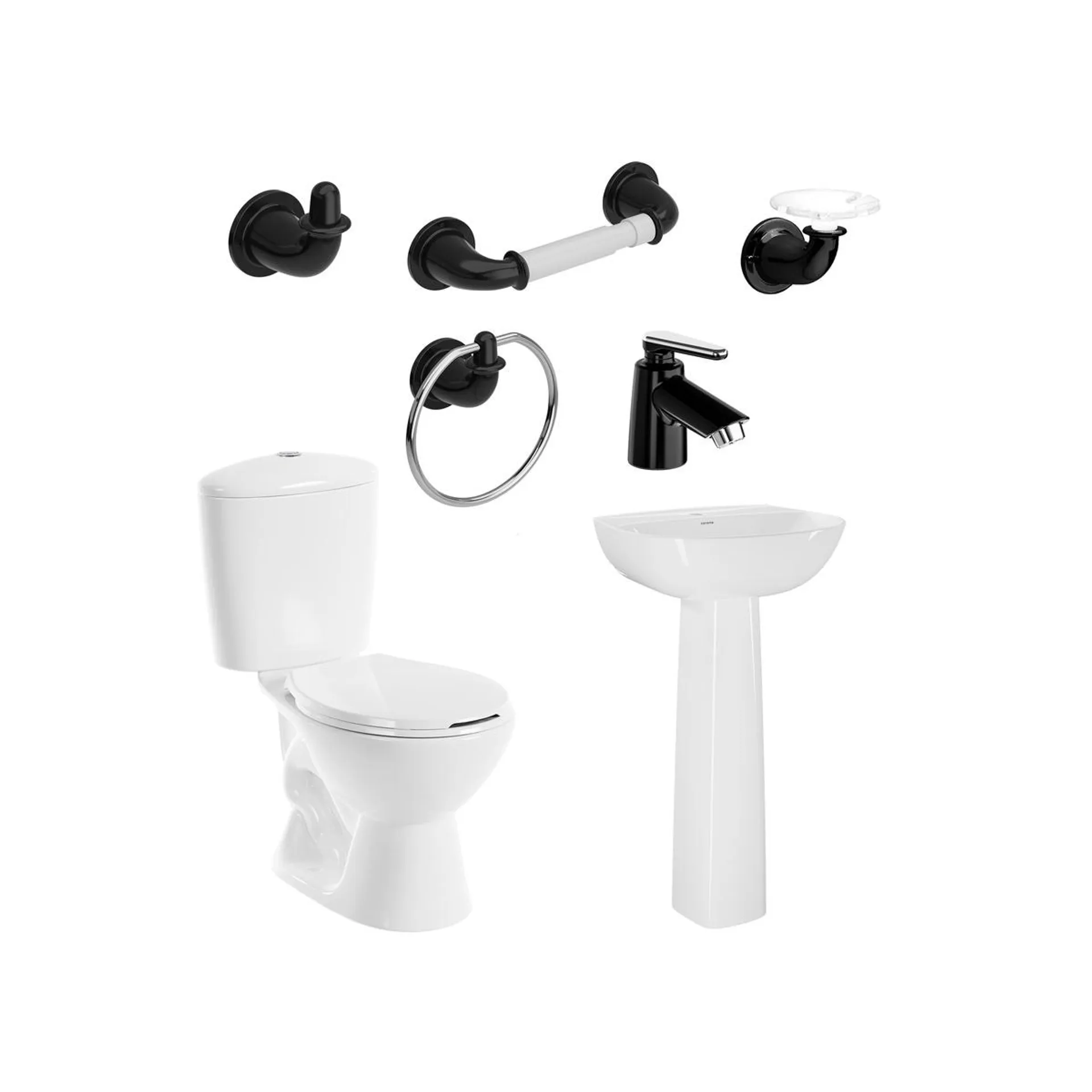 Combo Manantial Pro Redondo Blanco con pedestal + Grifería y accesorios negros de edición especial