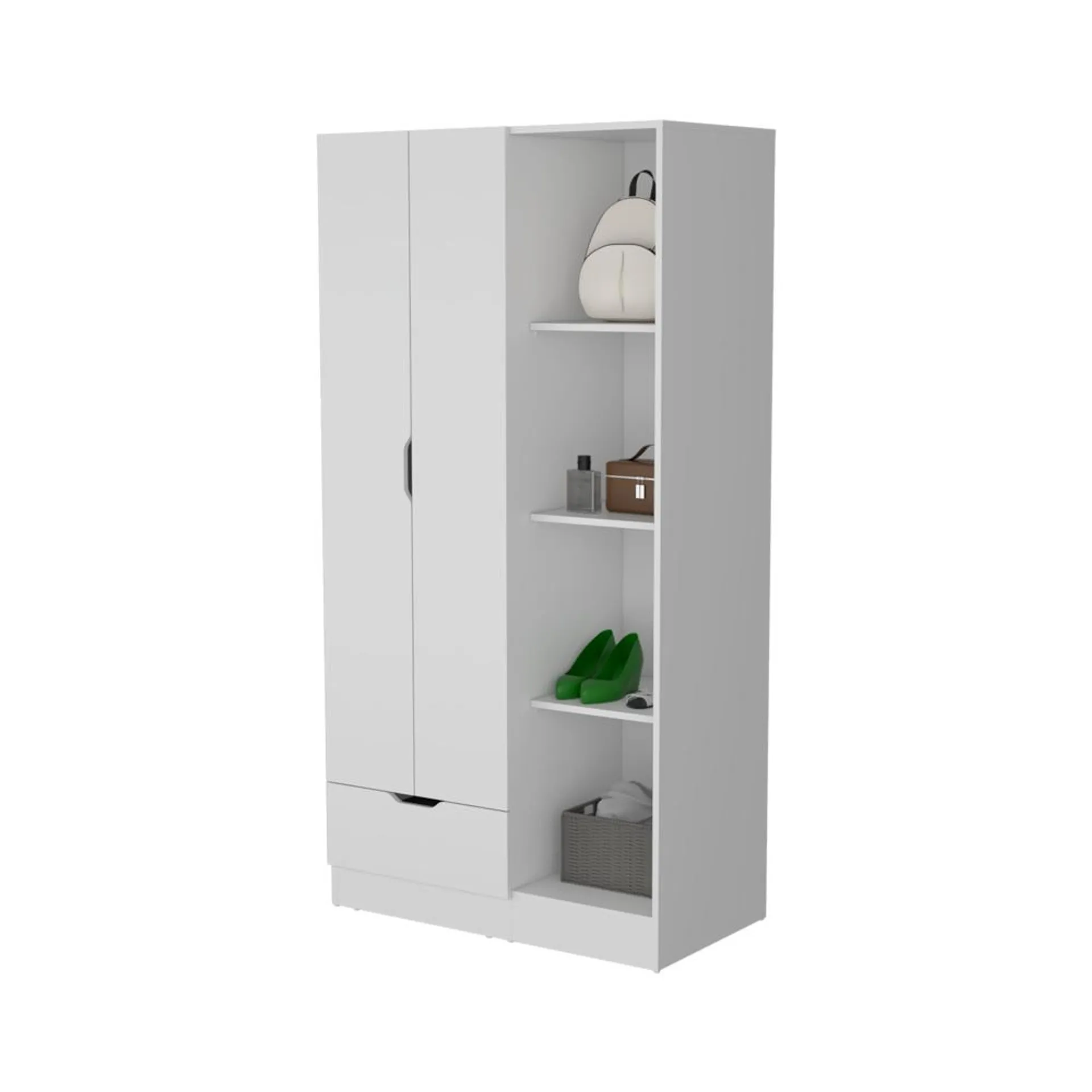 Closet memphis, blanco duqueza, con un tubo cromado y cuatro entrepaños zf