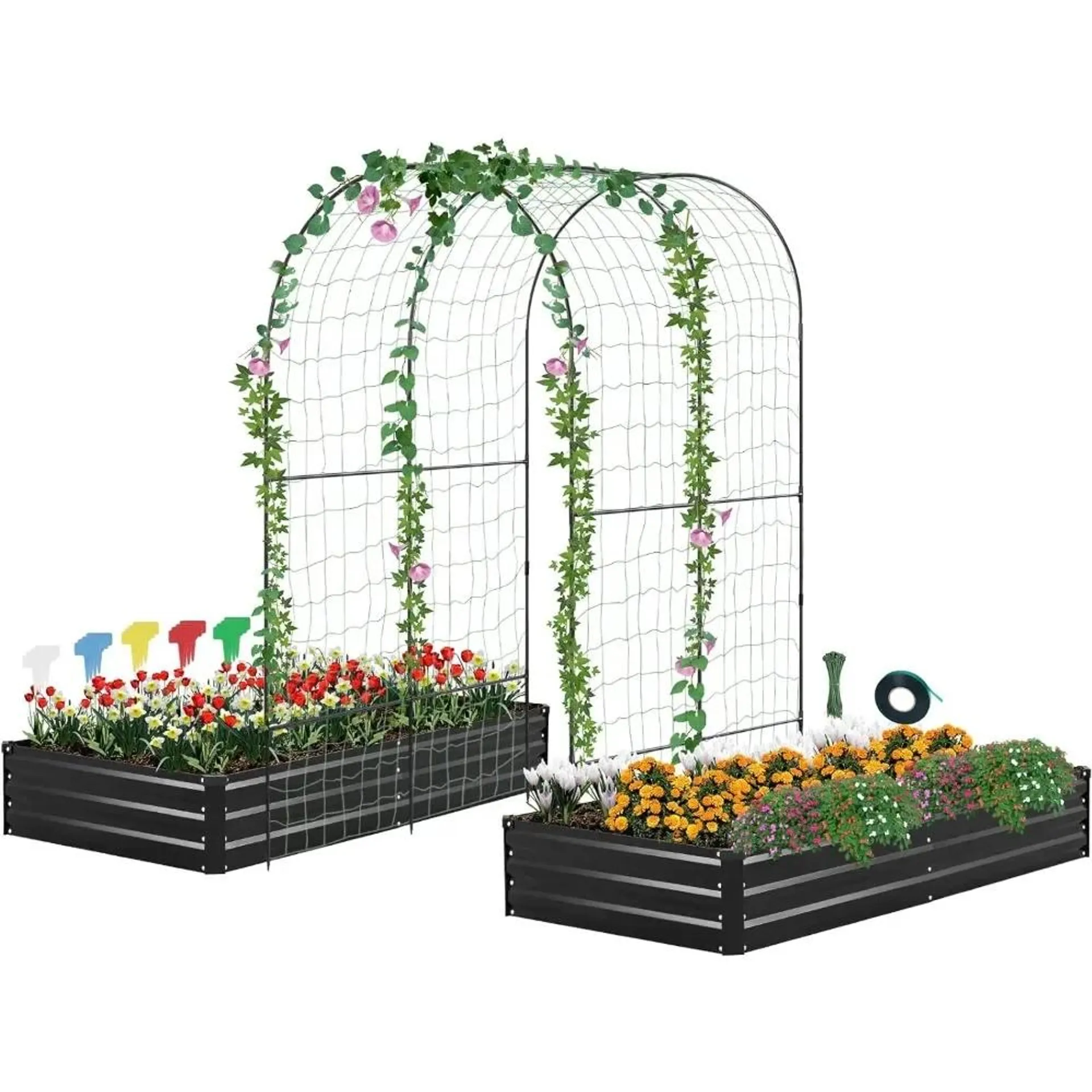 Galvanized elevated garden bed for vegetables, flowers, and herbs, with grid, plant labels, and plant ties